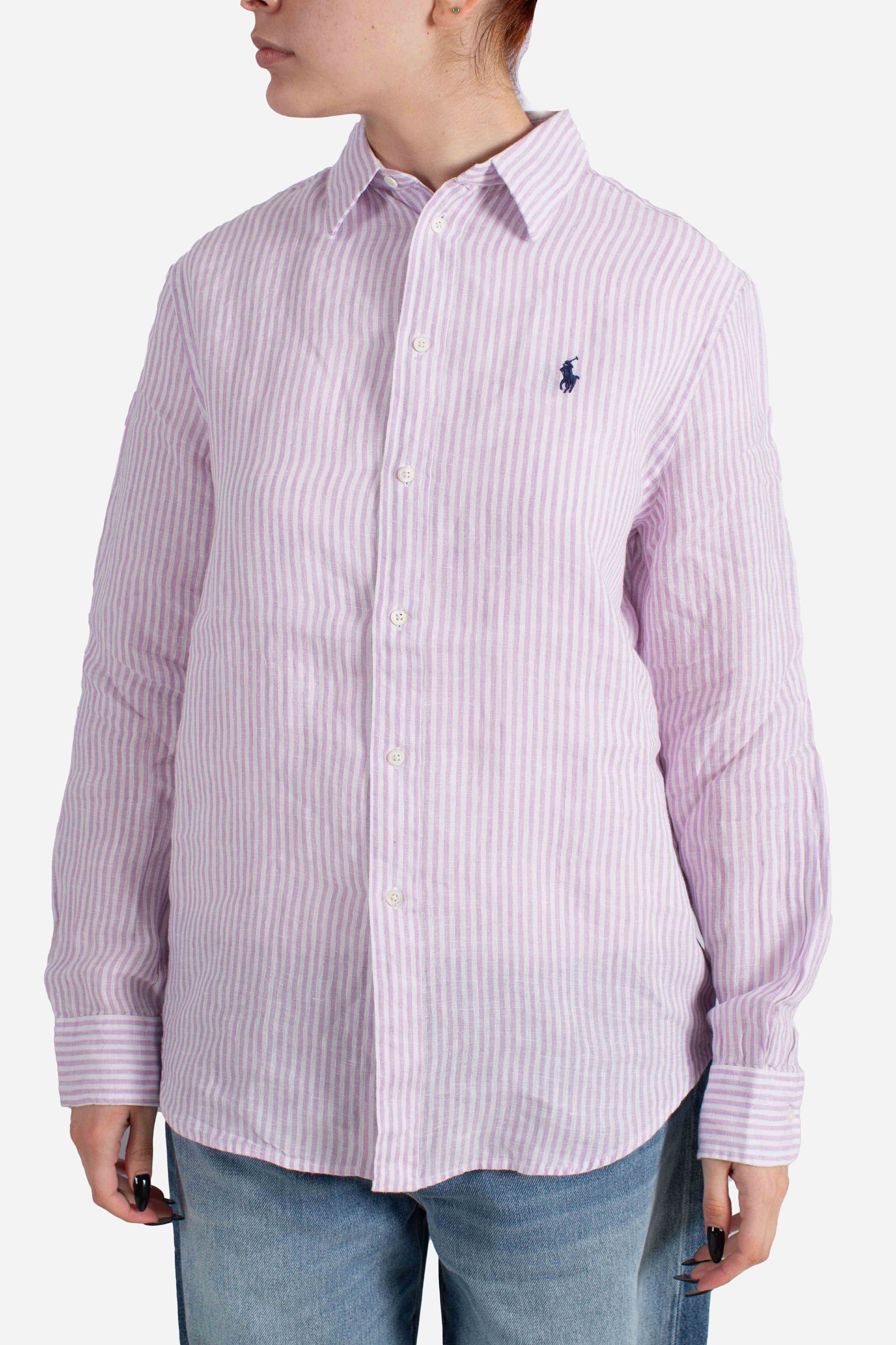 Camicia in lino classic fit a righe white purple