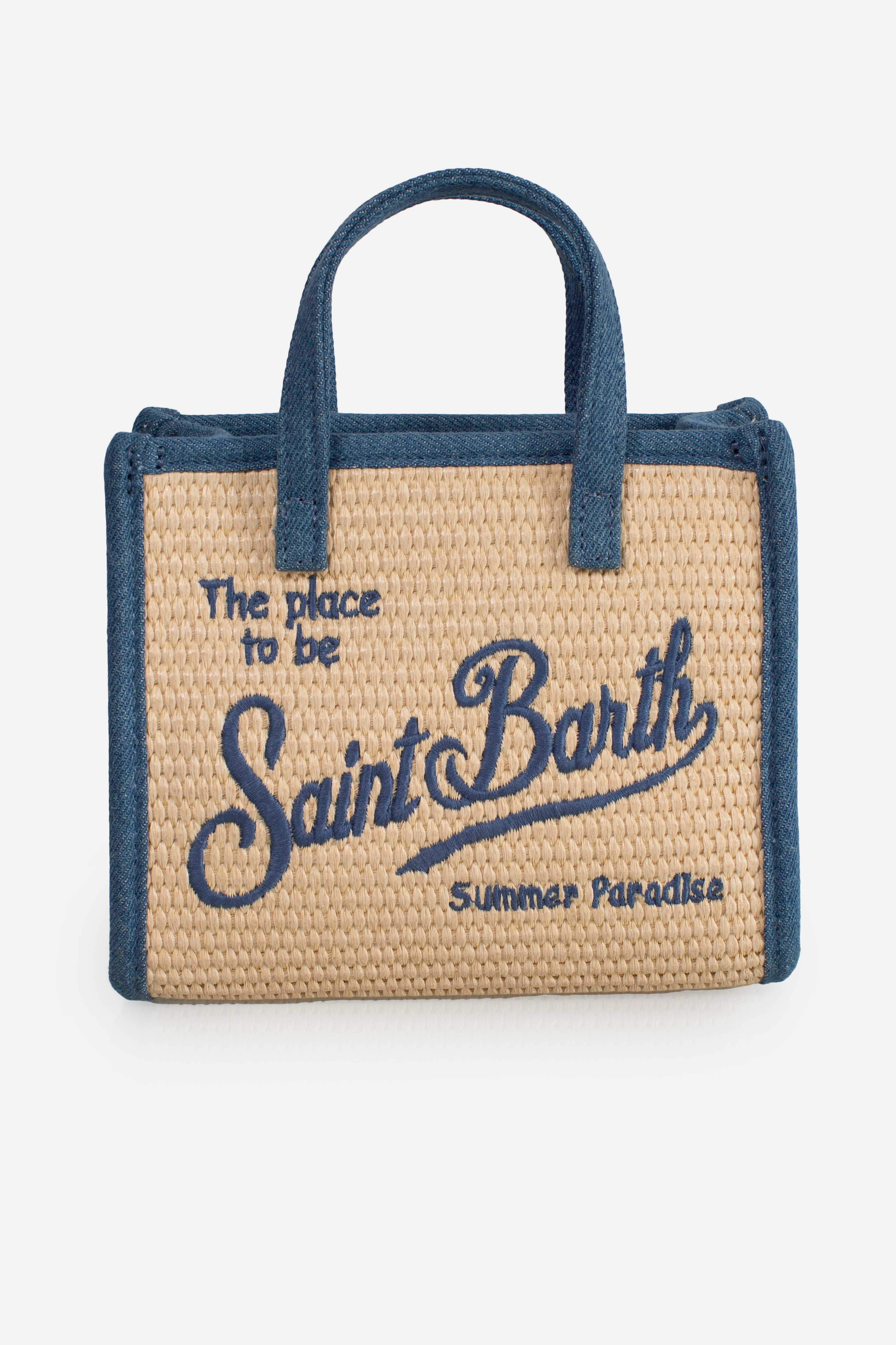 Borsa Vivian Mini Straw beige effetto paglia con dettaglio denim