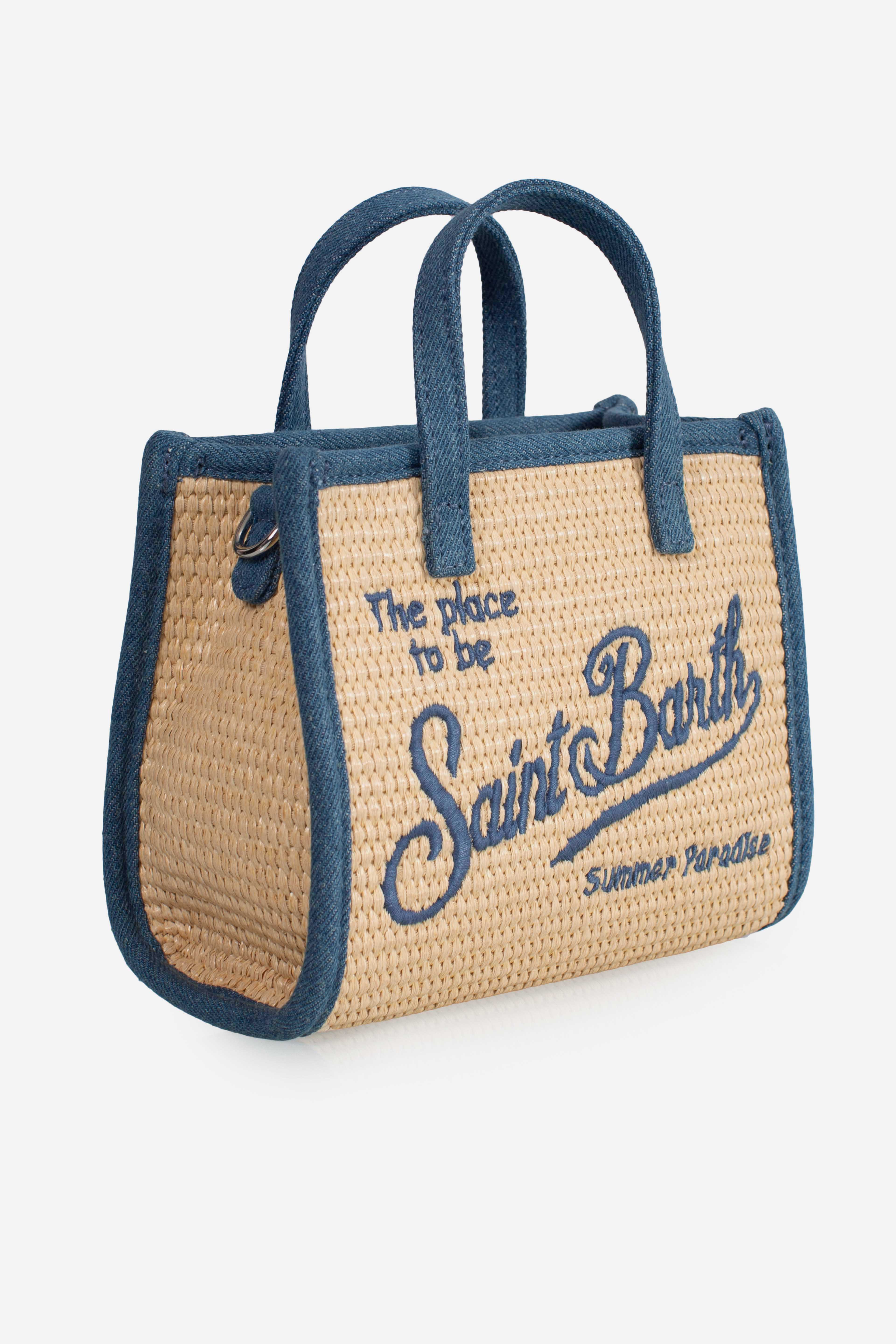 Borsa Vivian Mini Straw beige effetto paglia con dettaglio denim