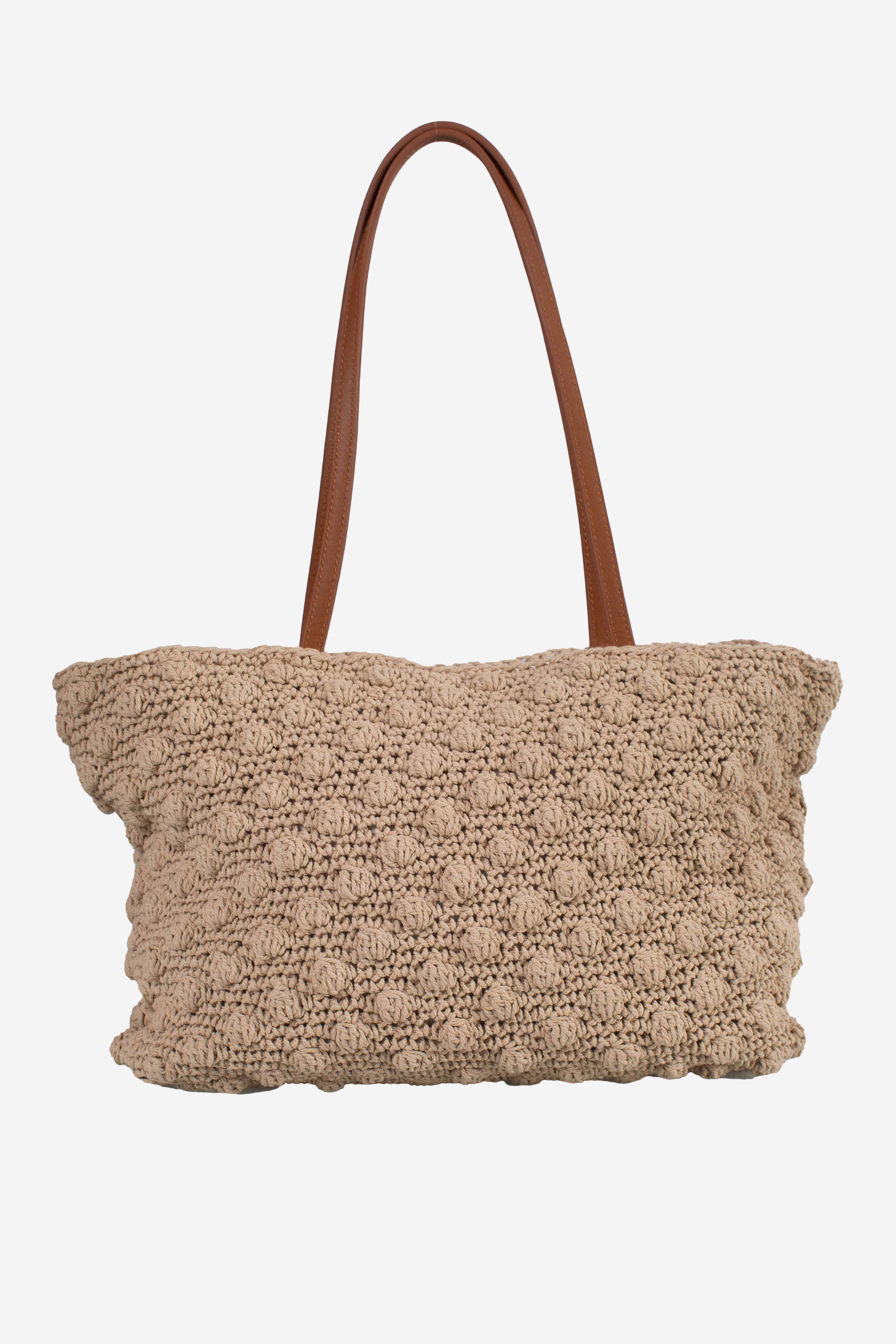 Borsa Tote Crochet medium beige con logo ricamato