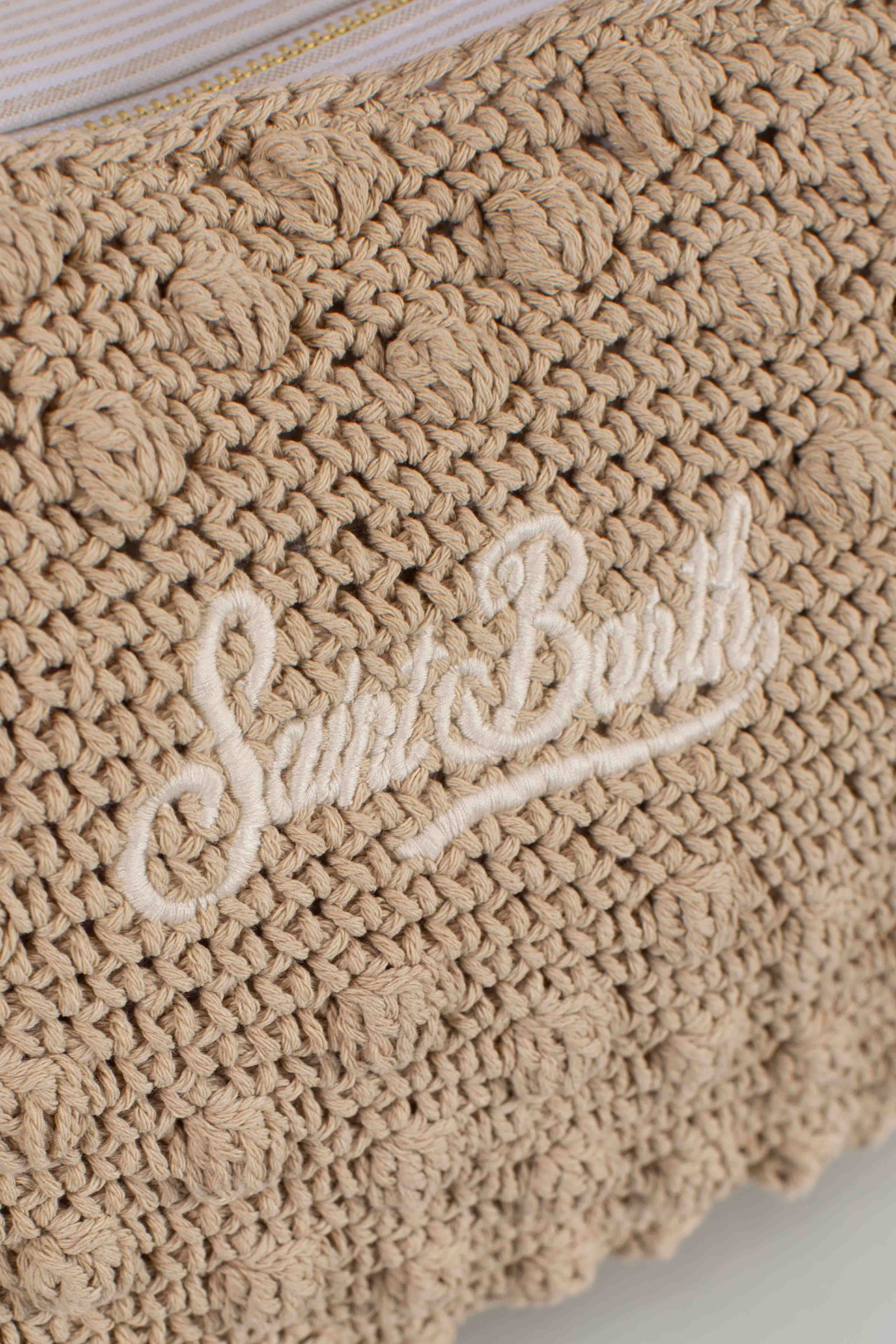Borsa Tote Crochet medium beige con logo ricamato