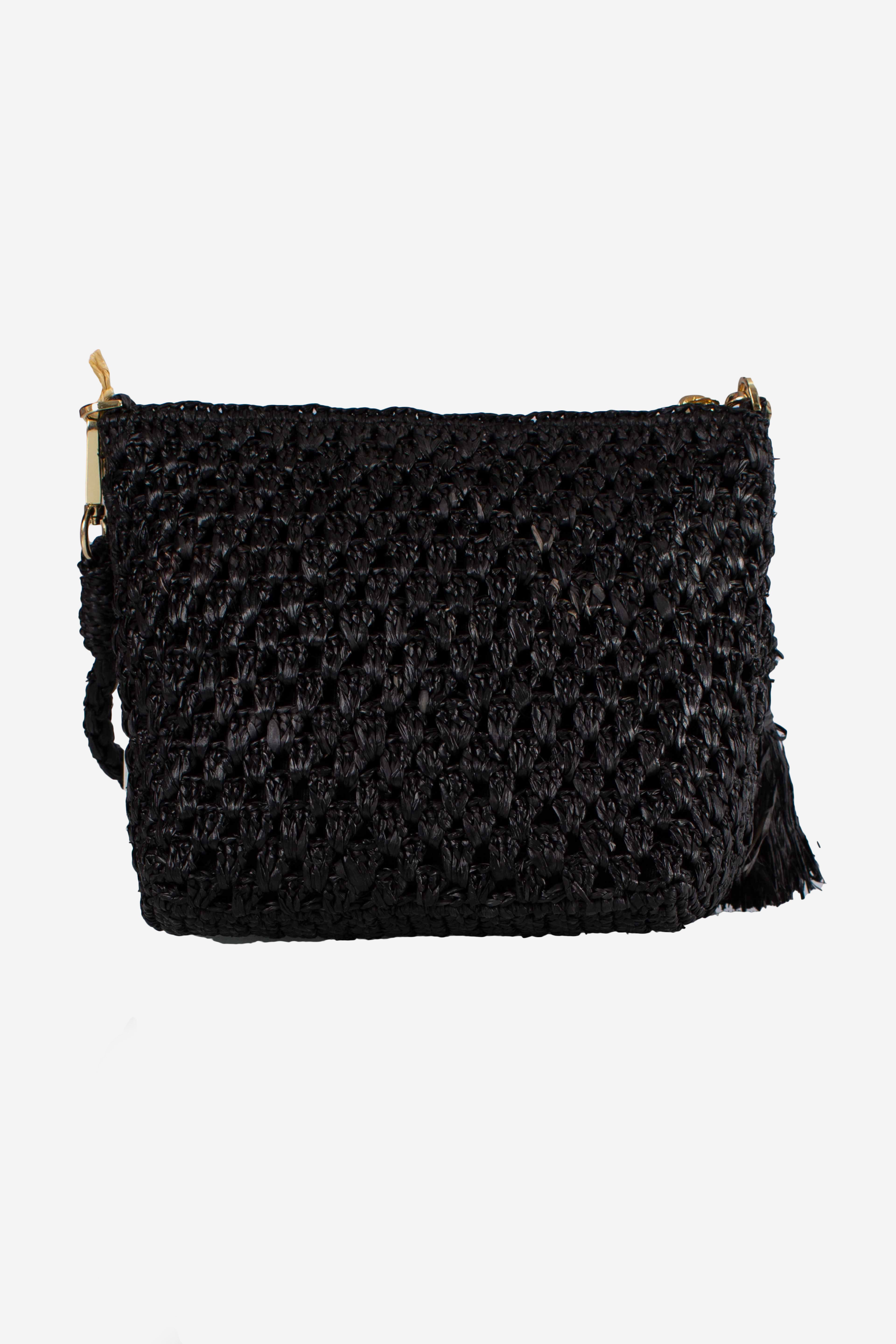 Pouch in rafia intrecciata black con logo ricamato