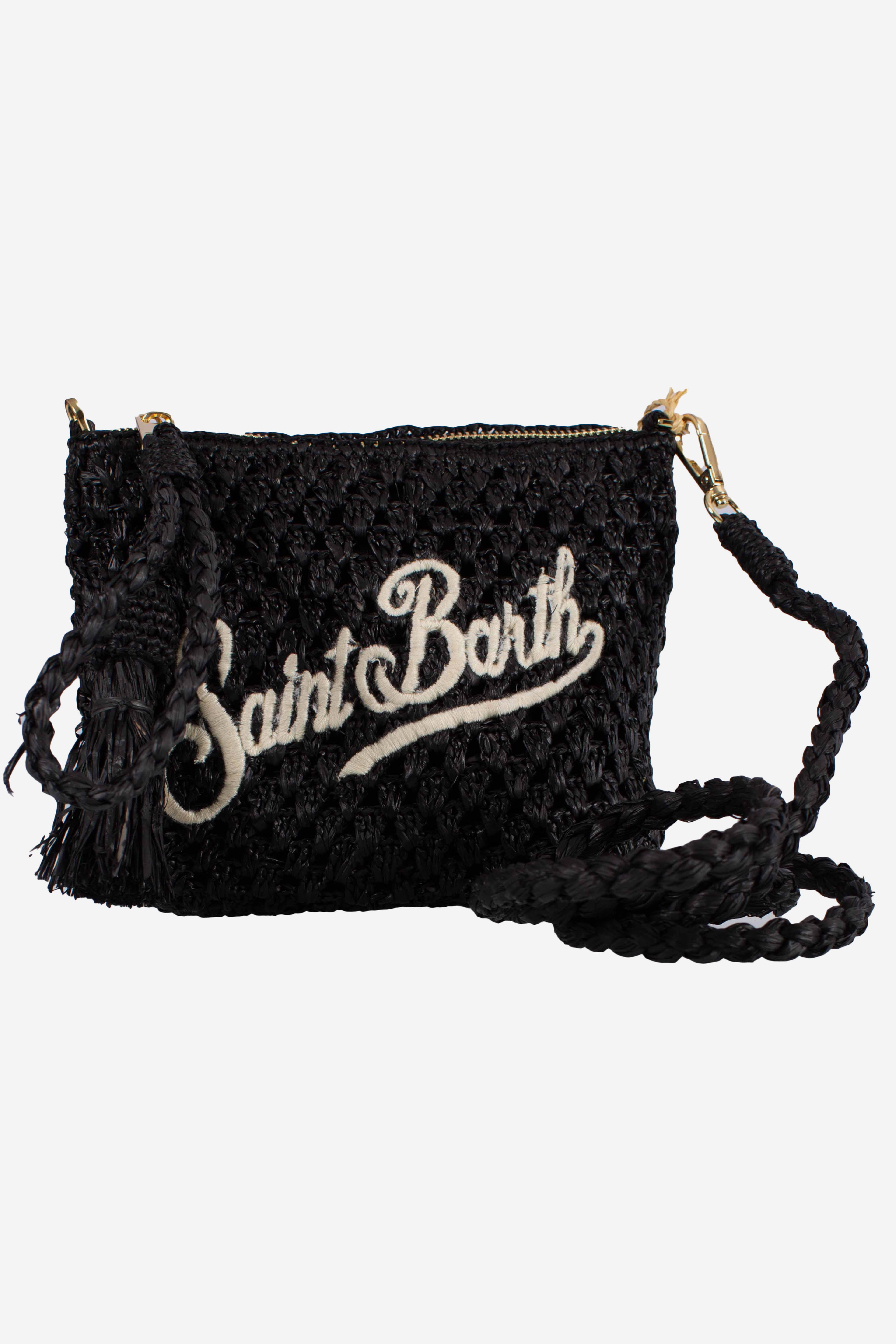 Pouch in rafia intrecciata black con logo ricamato