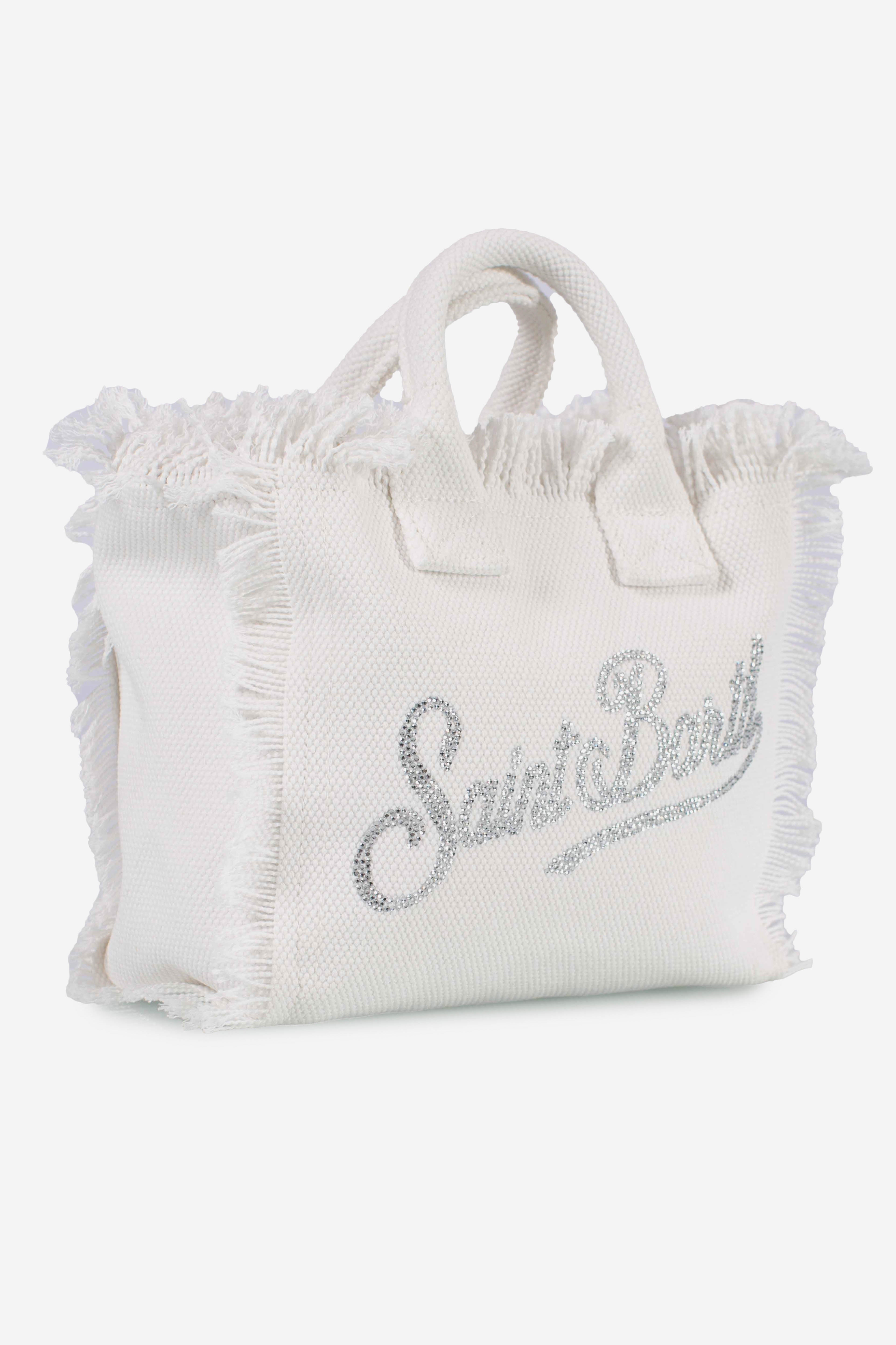 Borsa Vanity mini in canvas white con logo in strass