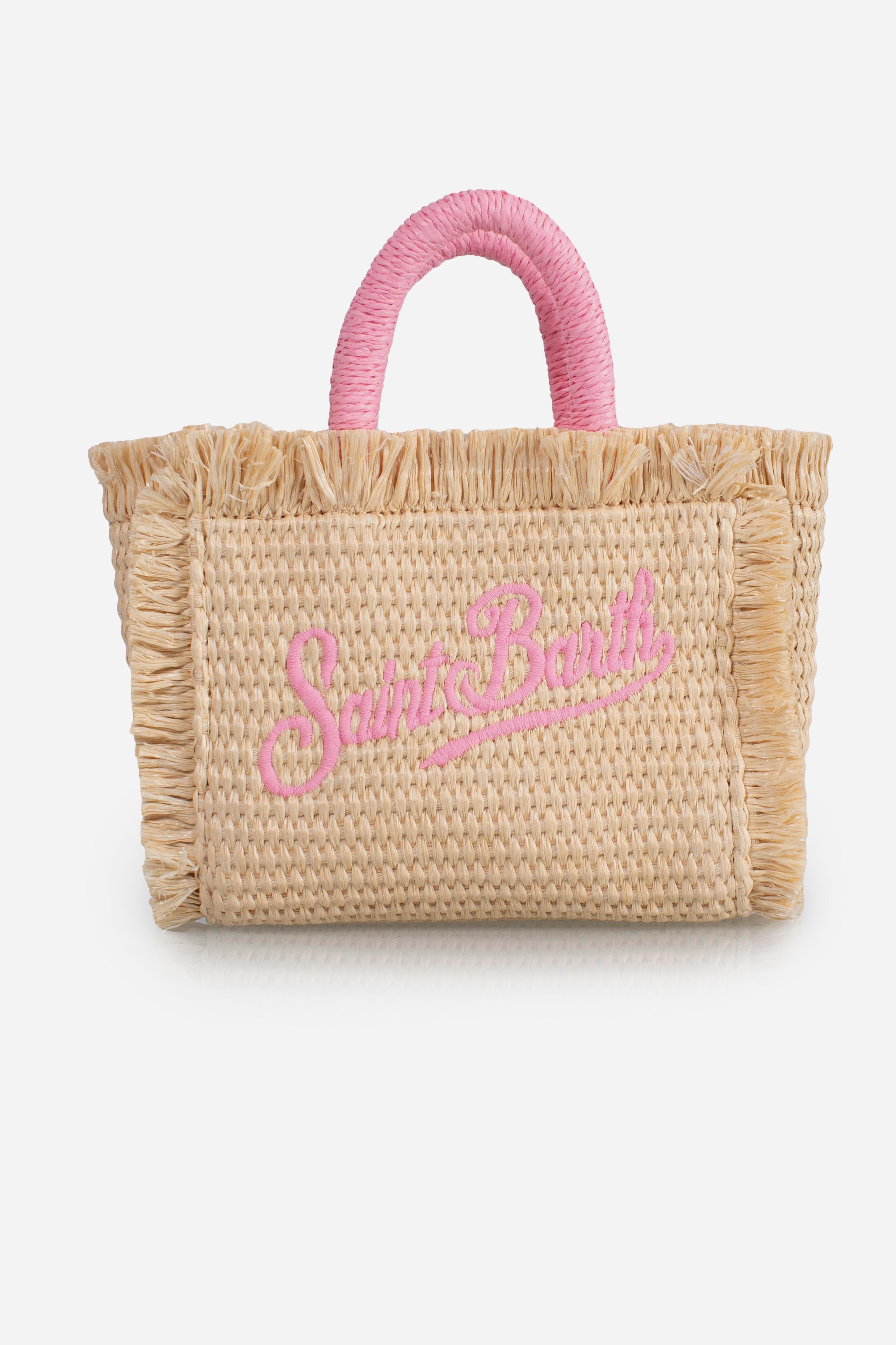 Borsa Vanity micro effetto paglia con dettagli rosa