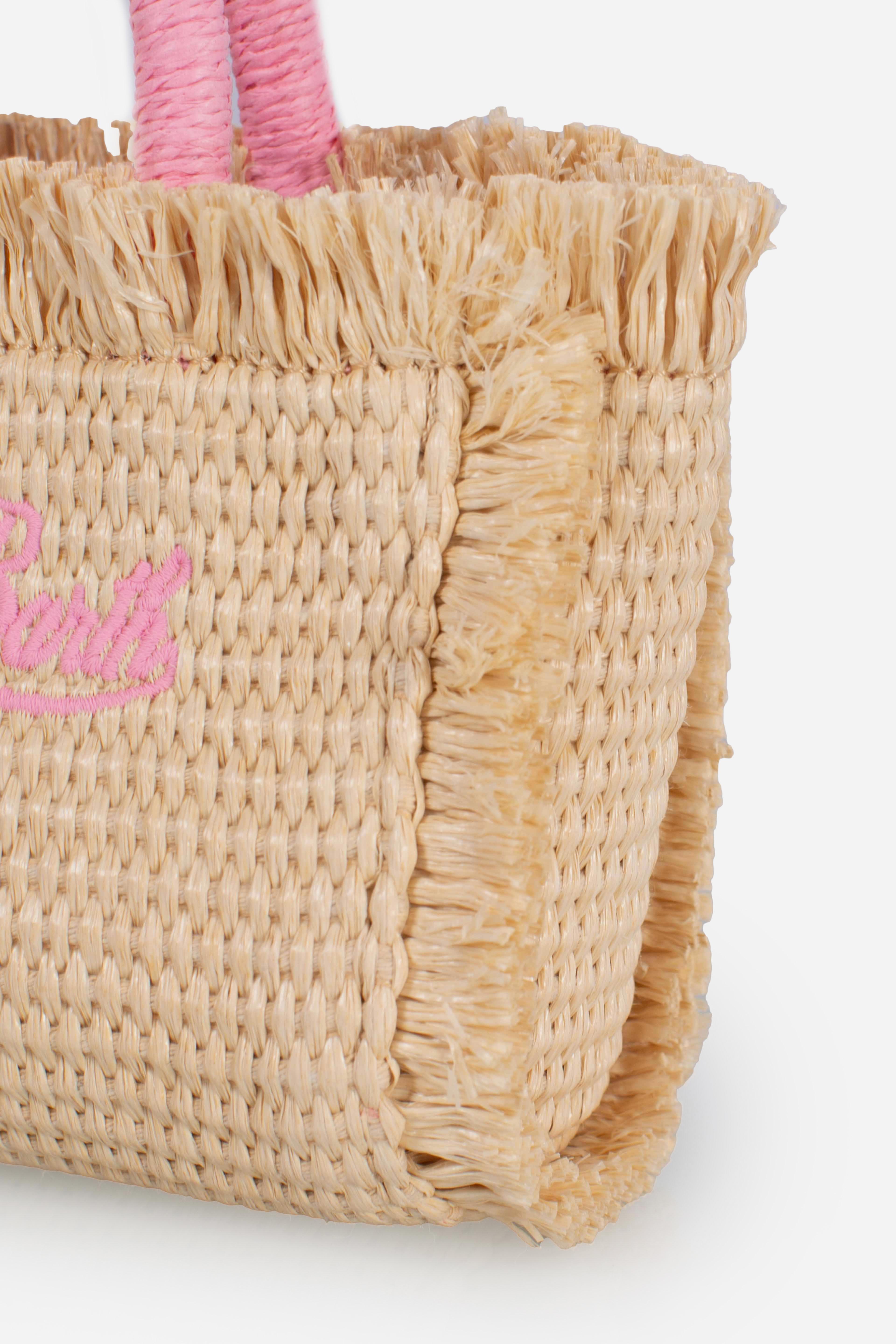 Borsa Vanity micro effetto paglia con dettagli rosa