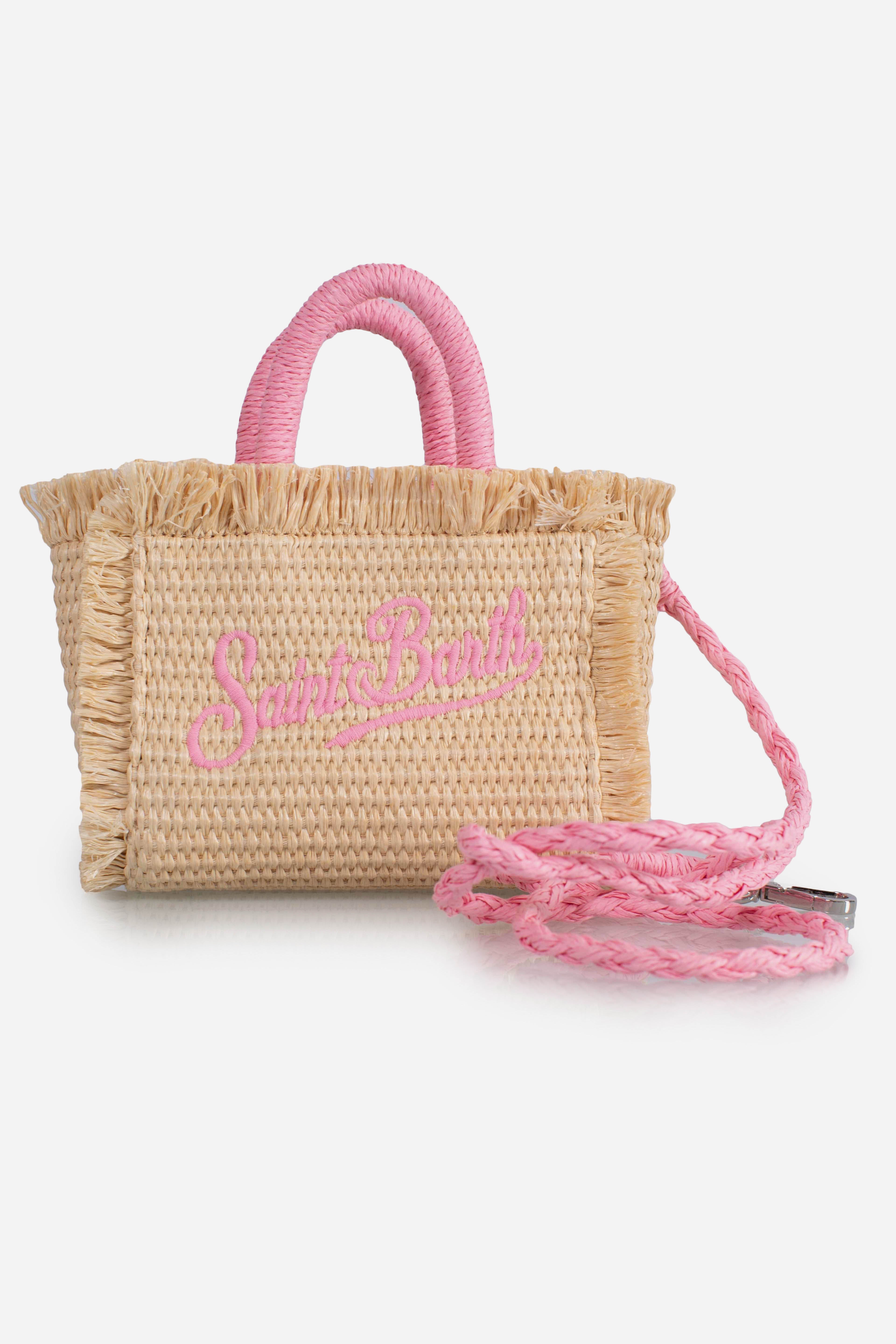 Borsa Vanity micro effetto paglia con dettagli rosa