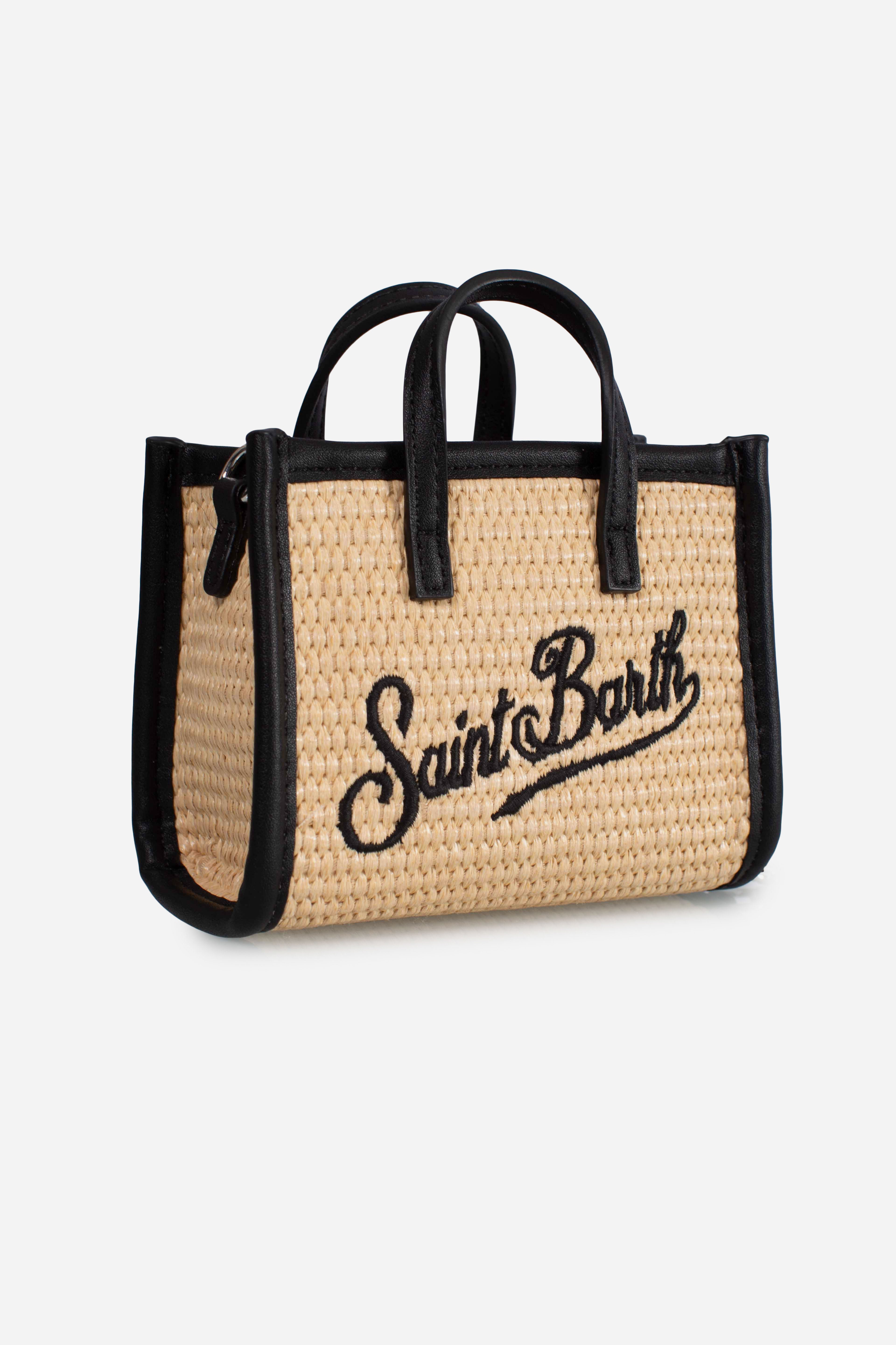Borsa Vivian micro effetto paglia con logo nero ricamato