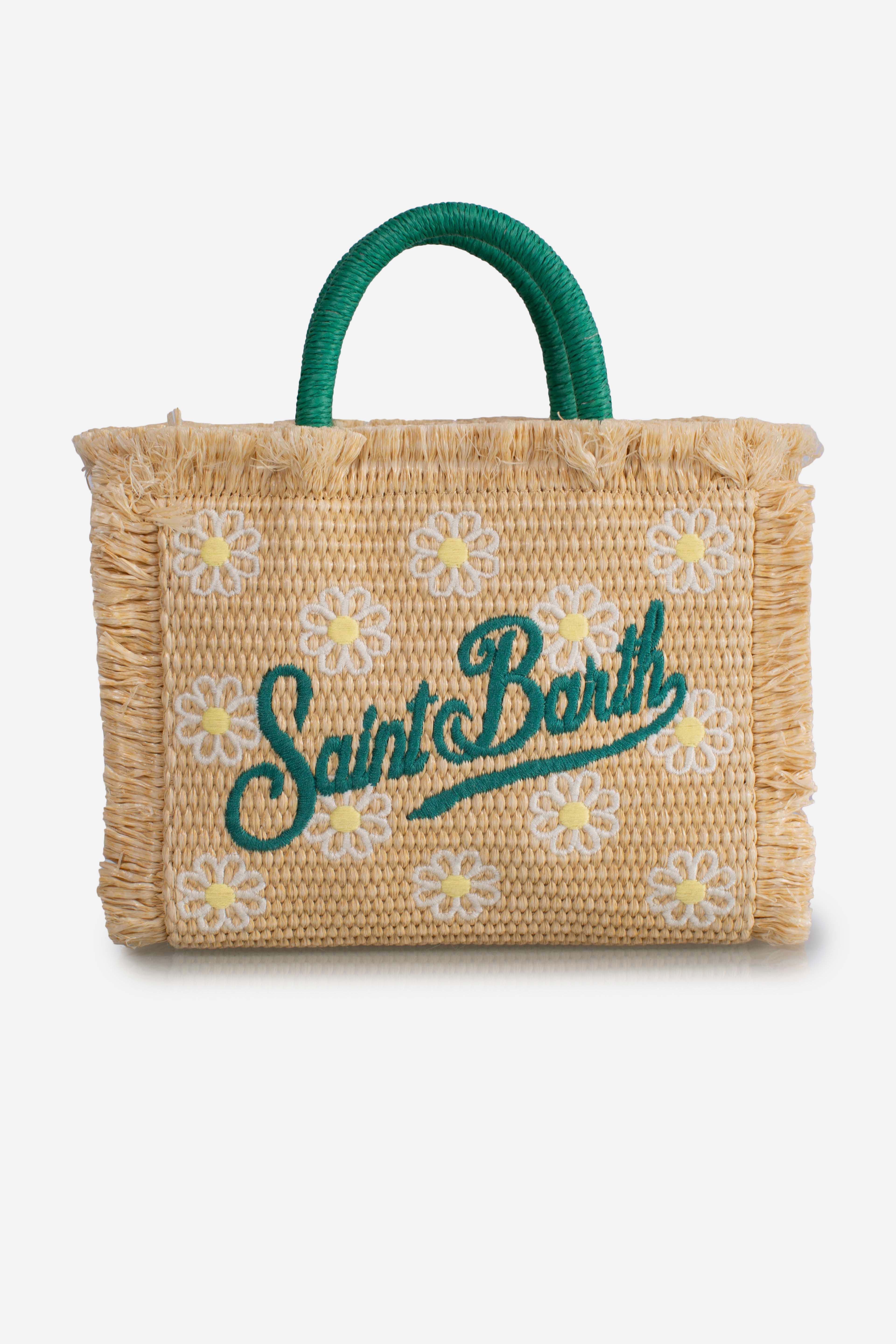 Borsa Mini Vanity effetto paglia con patch margherite applicato