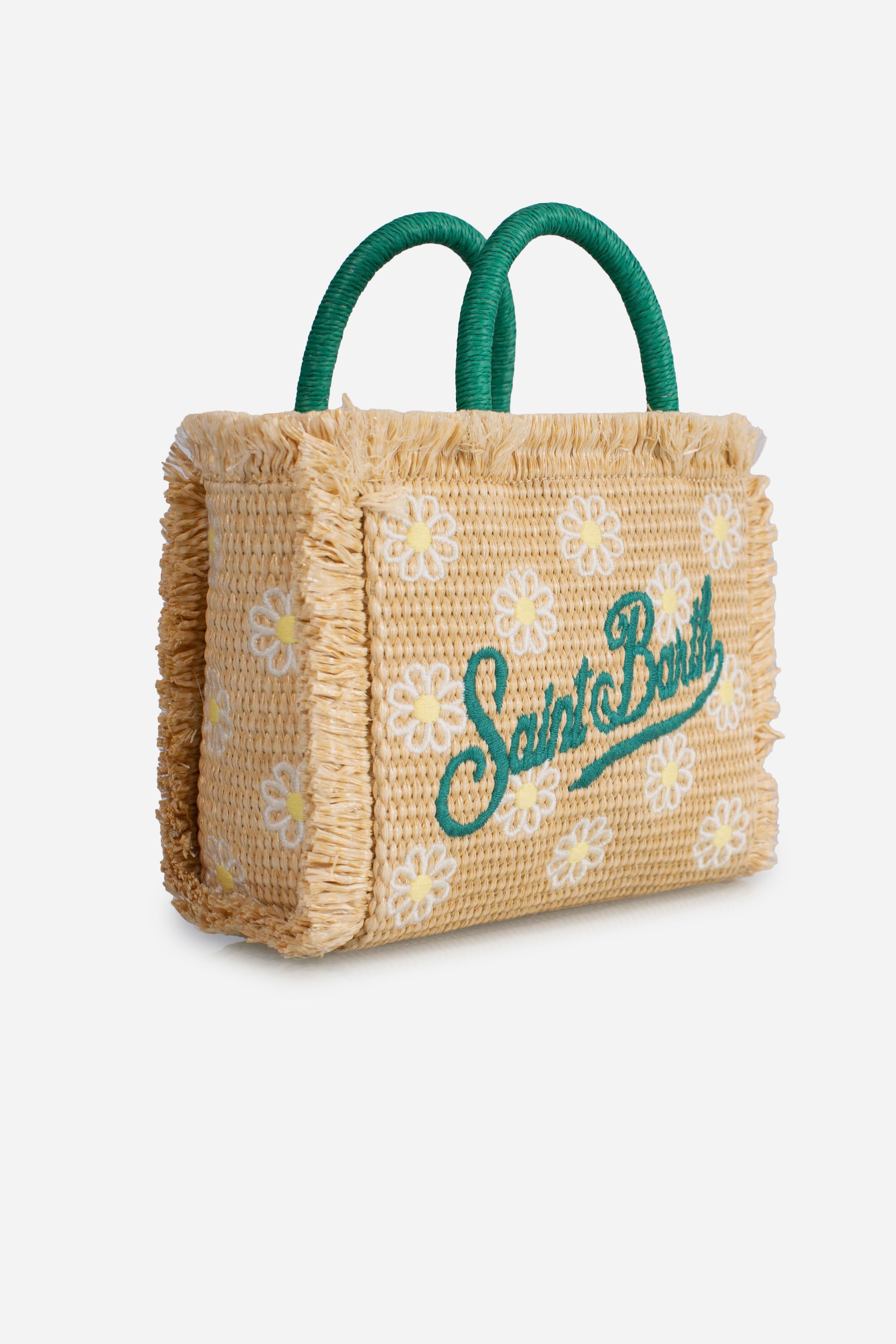 Borsa Mini Vanity effetto paglia con patch margherite applicato