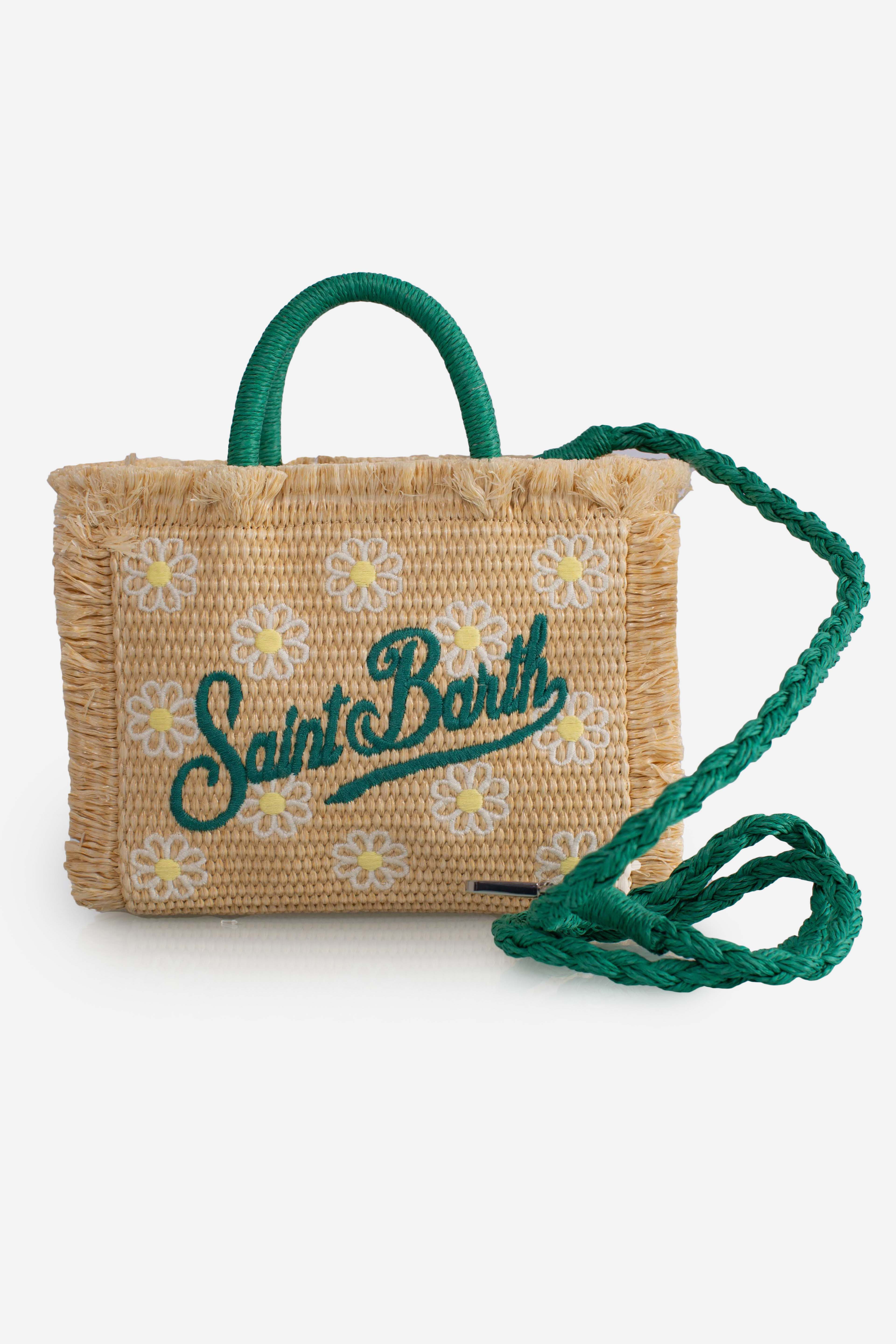 Borsa Mini Vanity effetto paglia con patch margherite applicato