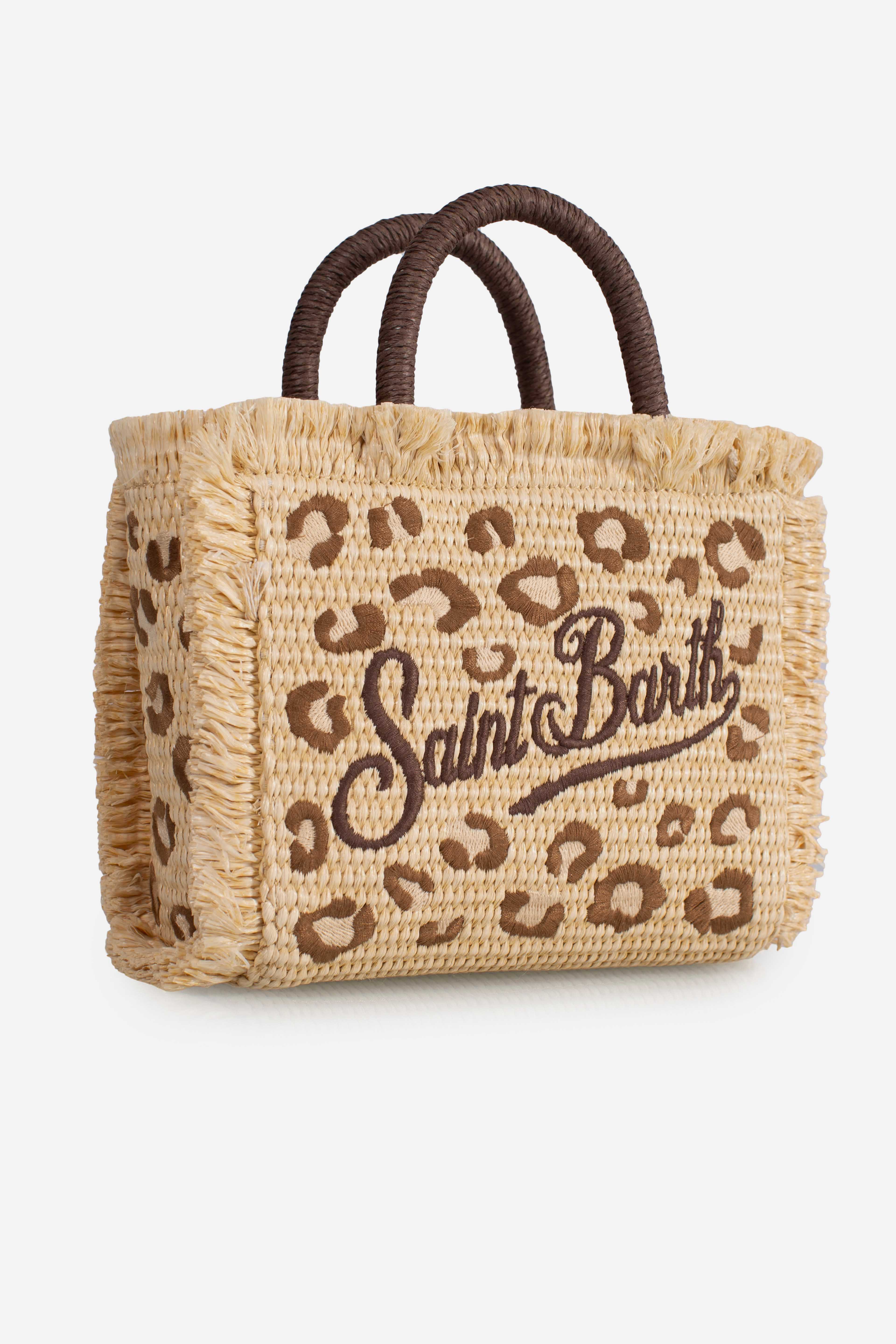 Borsa Vanity mini in tessuto effetto paglia con ricamo leopardato