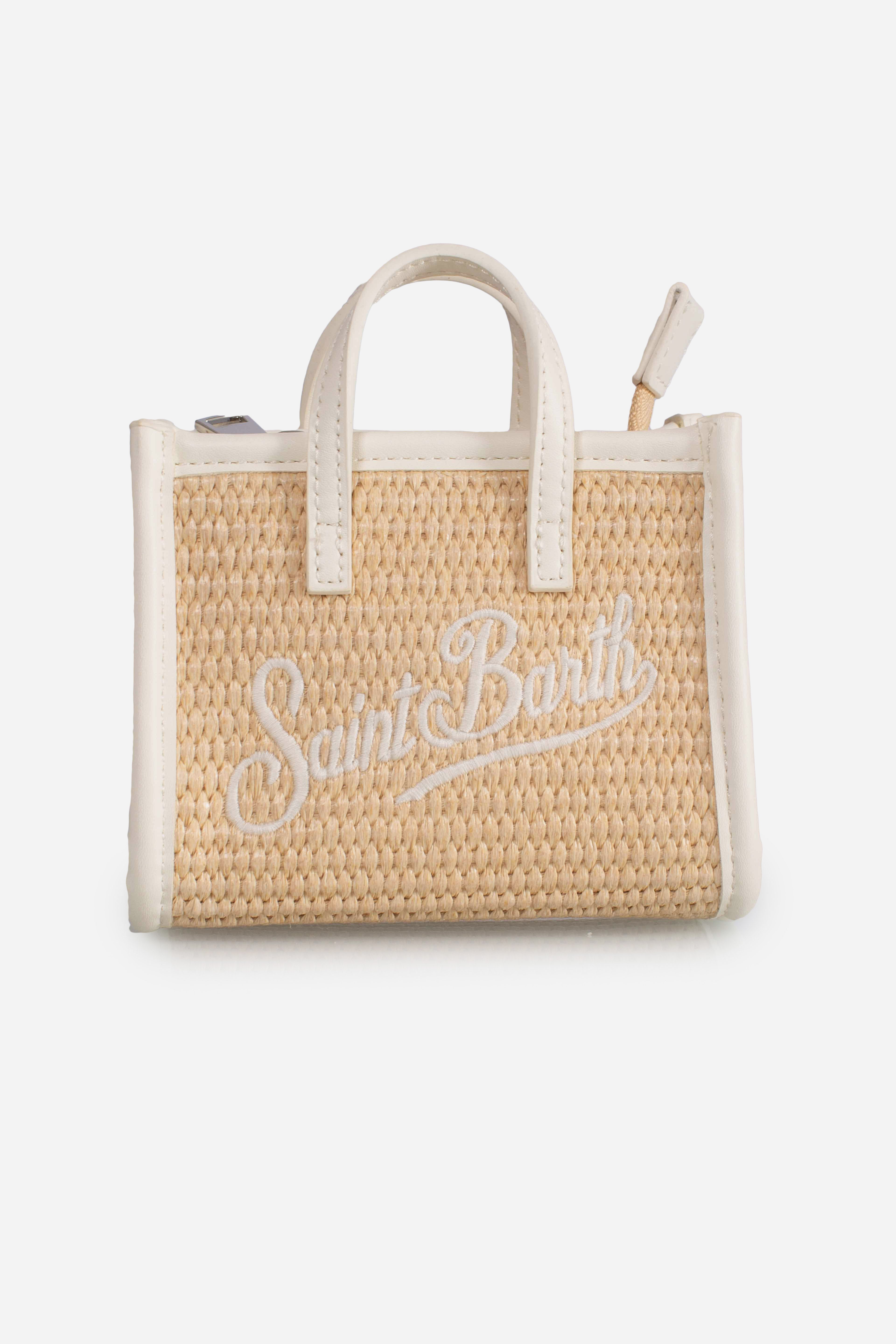 Borsa Vivian micro effetto paglia con logo bianco ricamato
