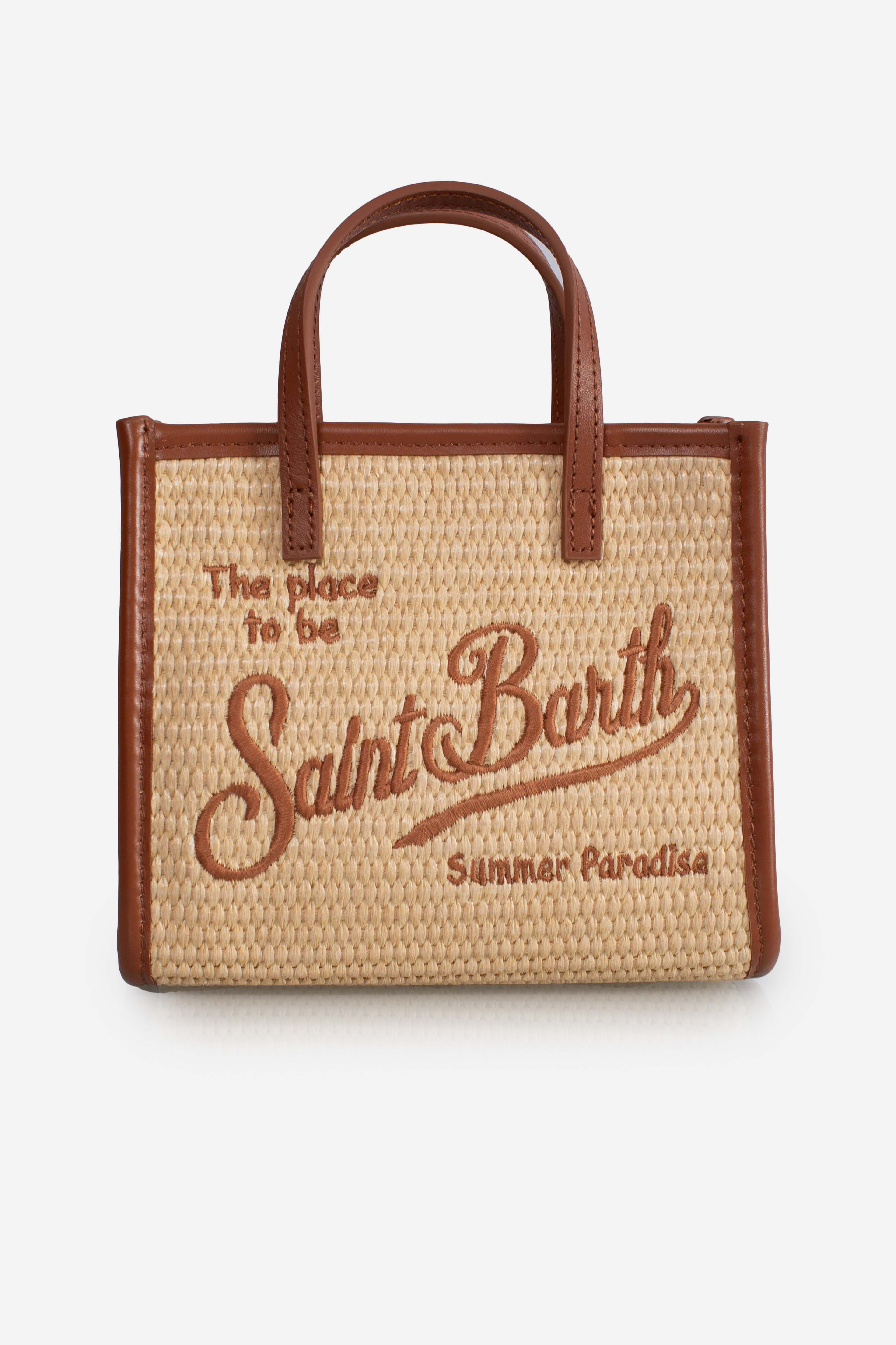 Borsa Vivian mini in tessuto effetto paglia con logo marrone ricamato