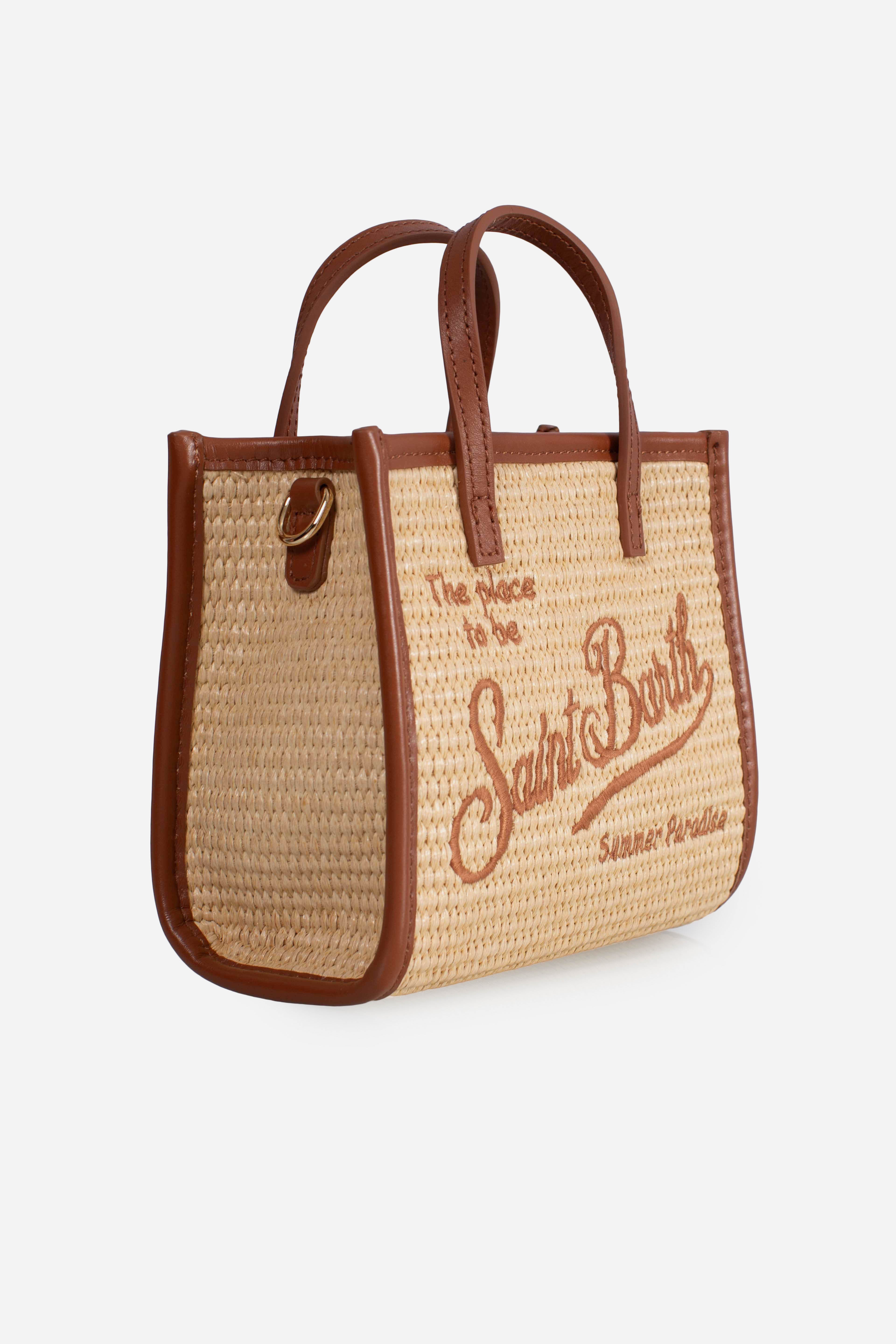 Borsa Vivian mini in tessuto effetto paglia con logo marrone ricamato
