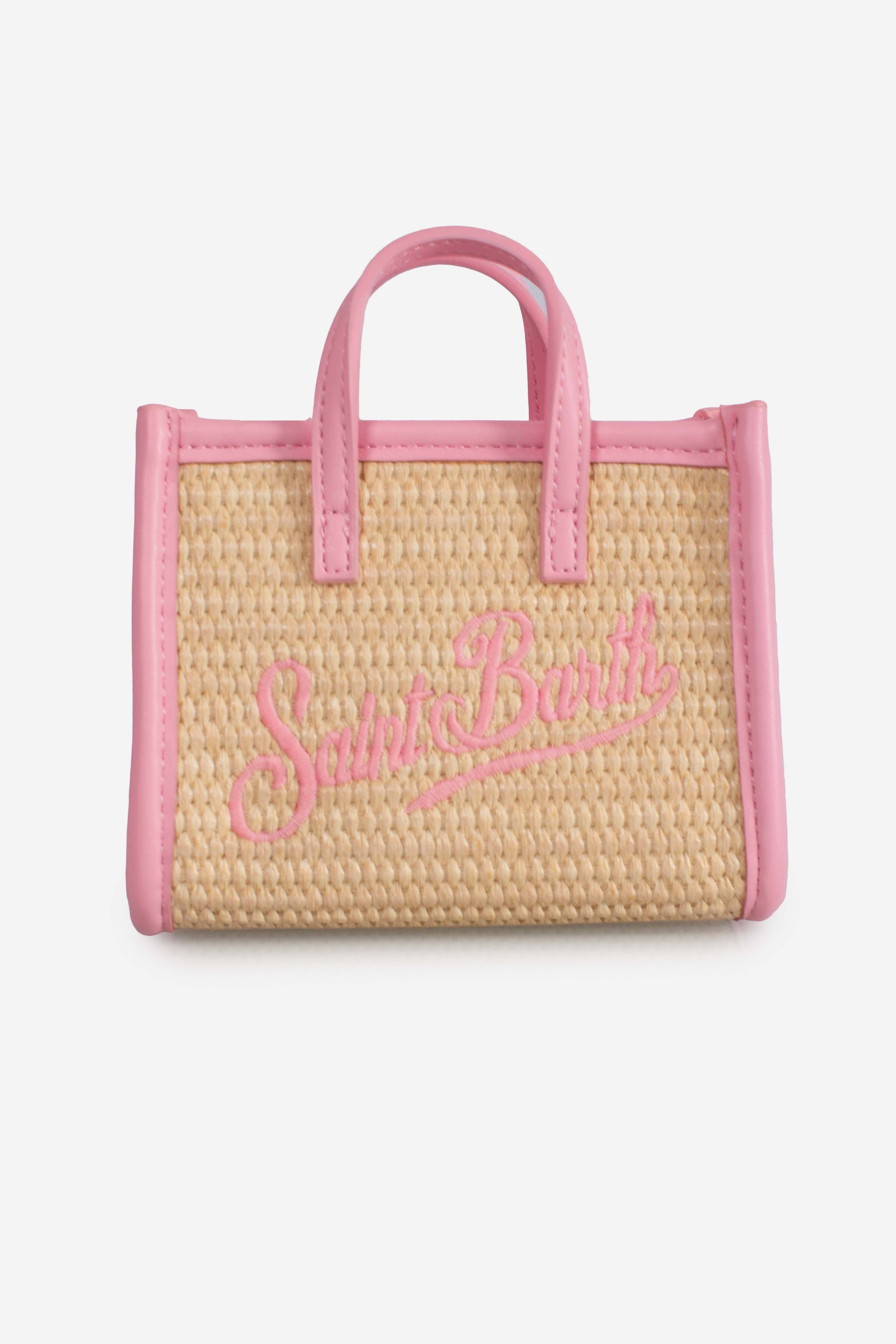 Borsa Vivian micro effetto raffia con logo rosa ricamato
