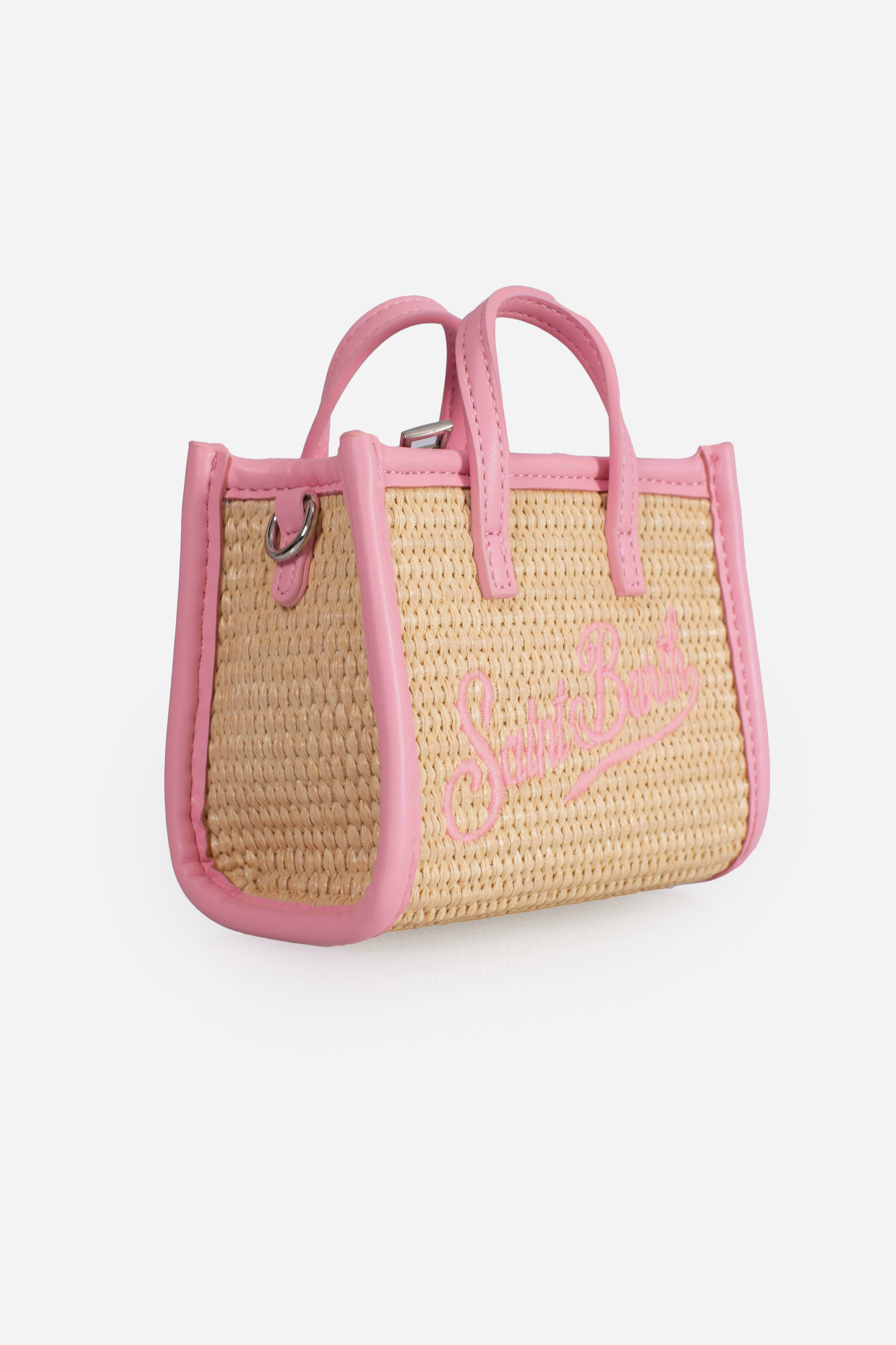 Borsa Vivian micro effetto raffia con logo rosa ricamato