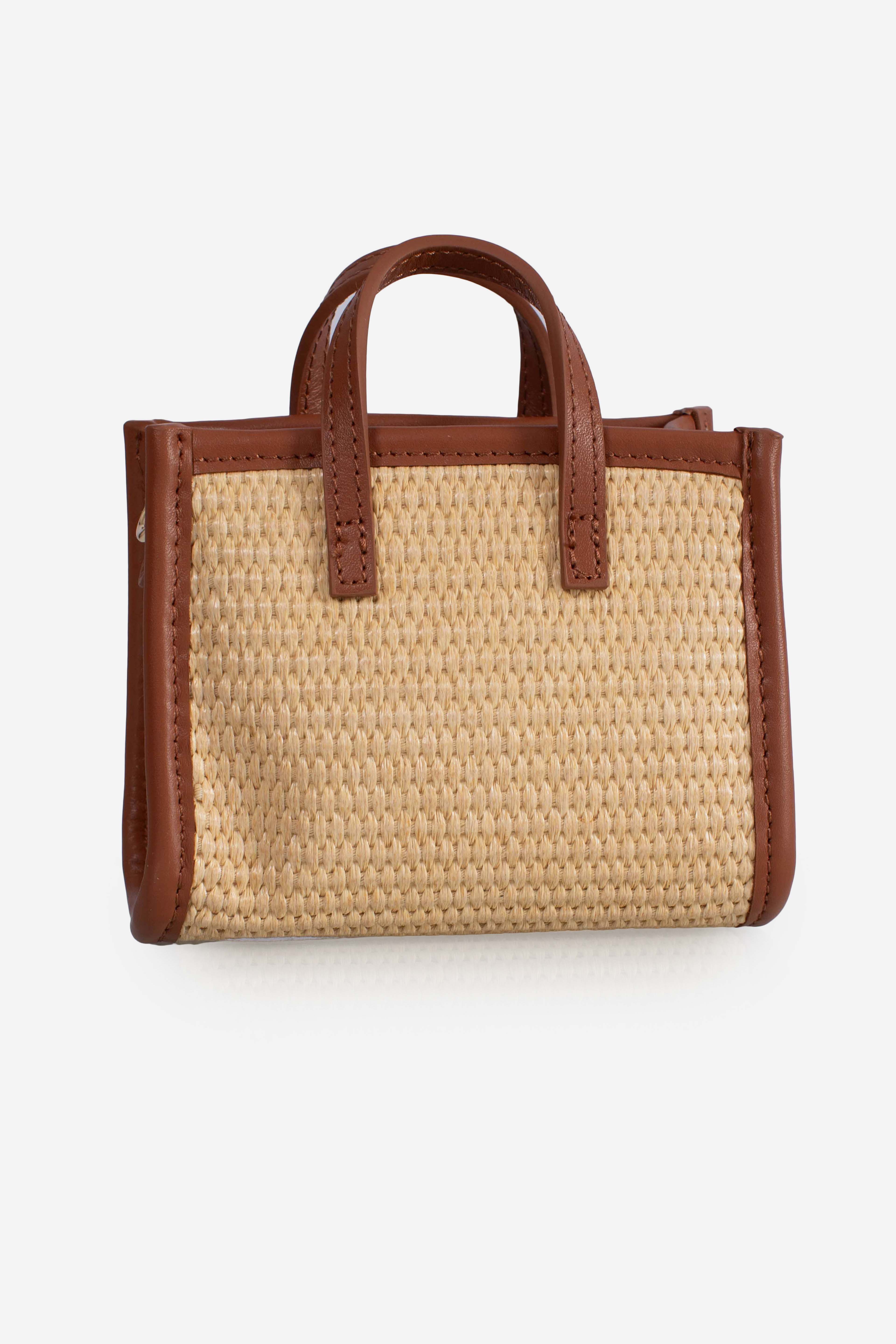 Borsa Vivian micro effetto paglia con logo marrone ricamato