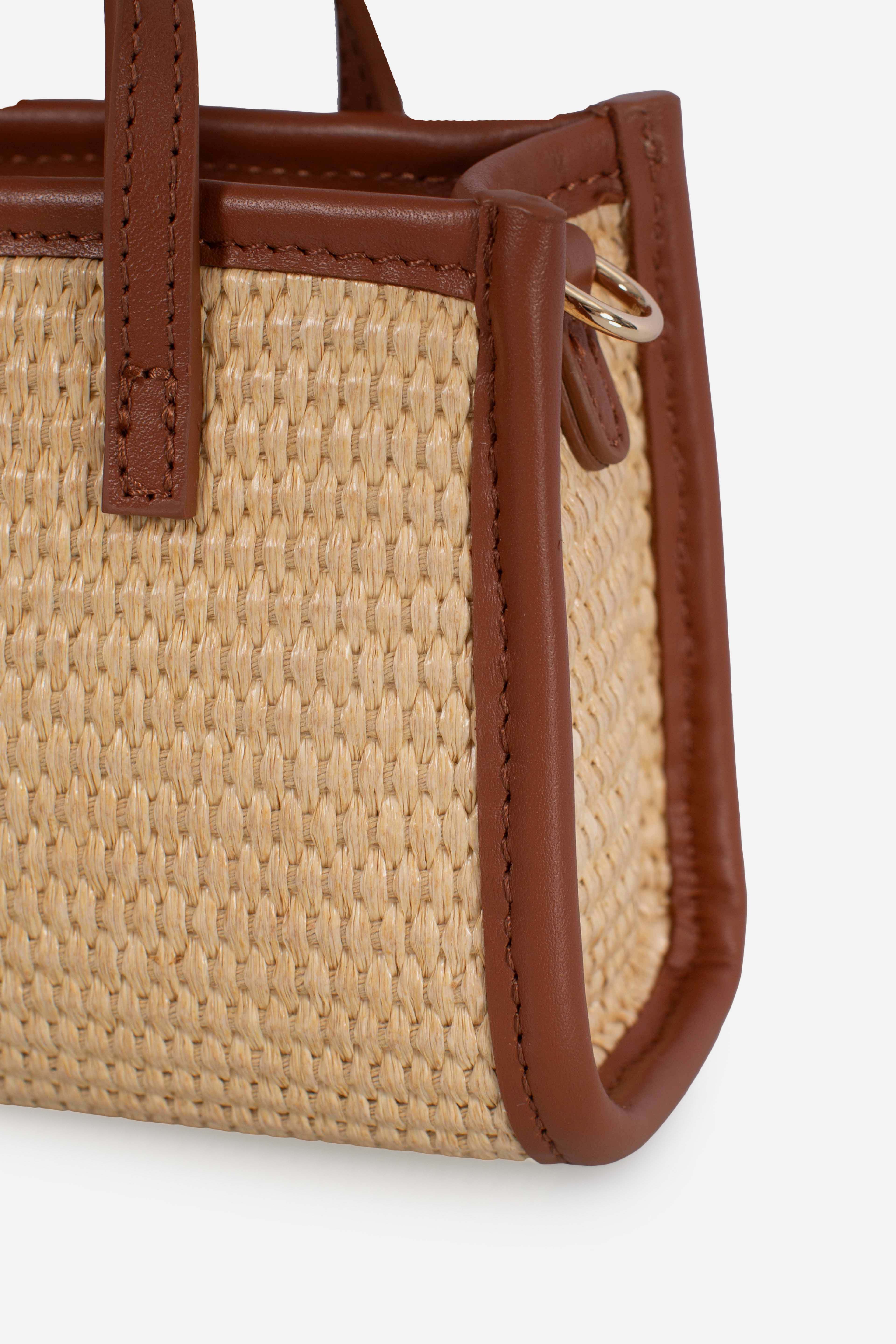 Borsa Vivian micro effetto paglia con logo marrone ricamato