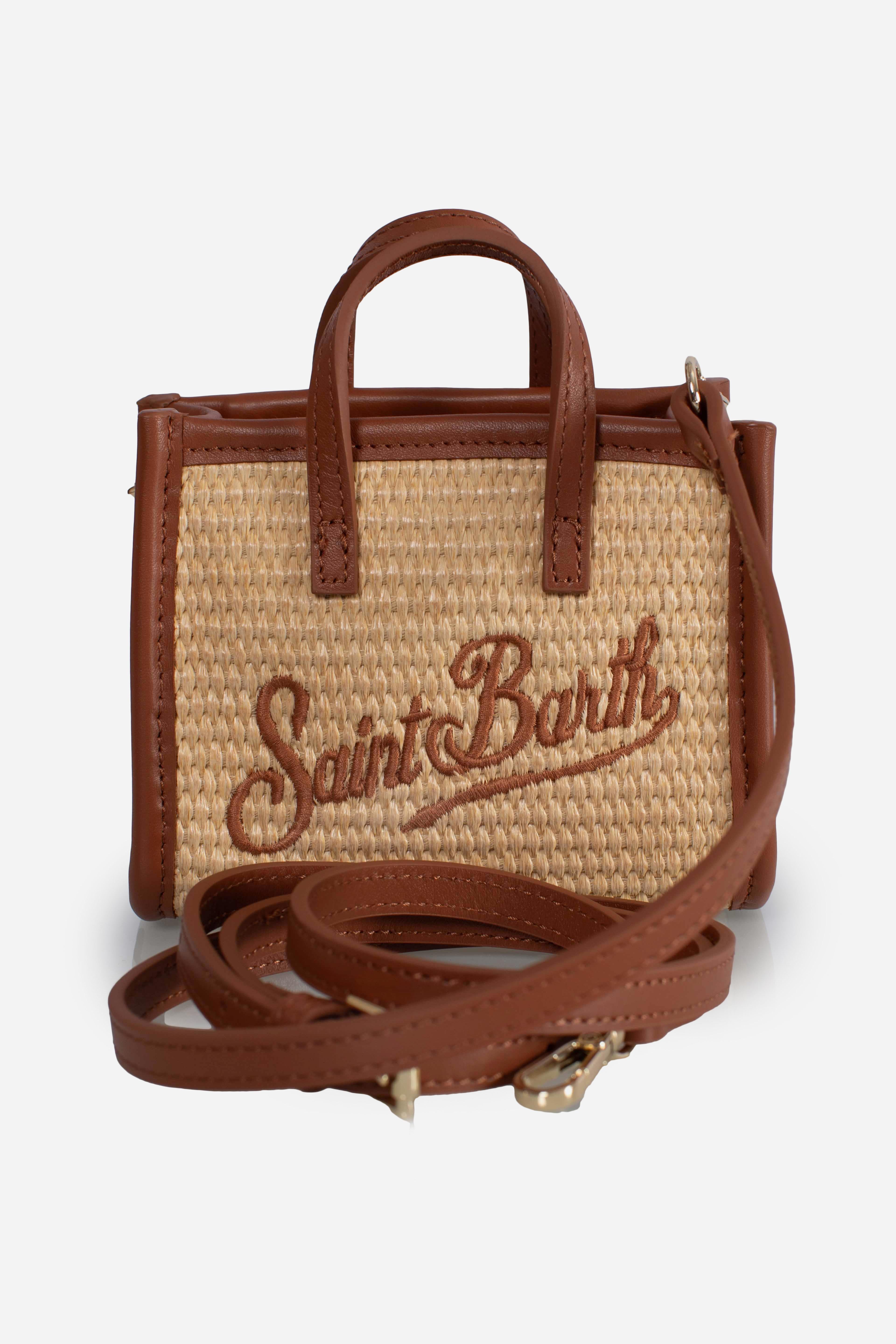 Borsa Vivian micro effetto paglia con logo marrone ricamato