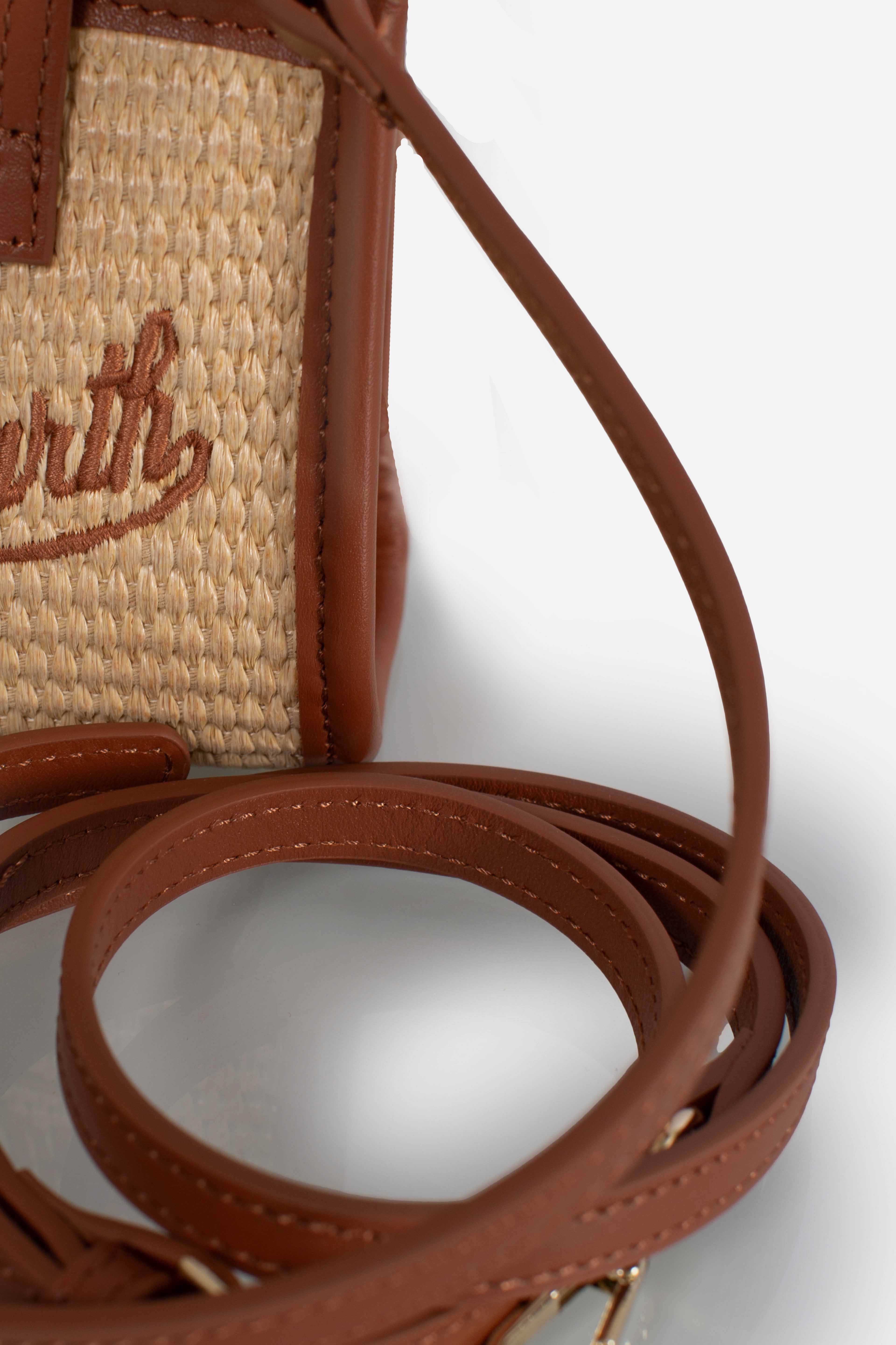 Borsa Vivian micro effetto paglia con logo marrone ricamato