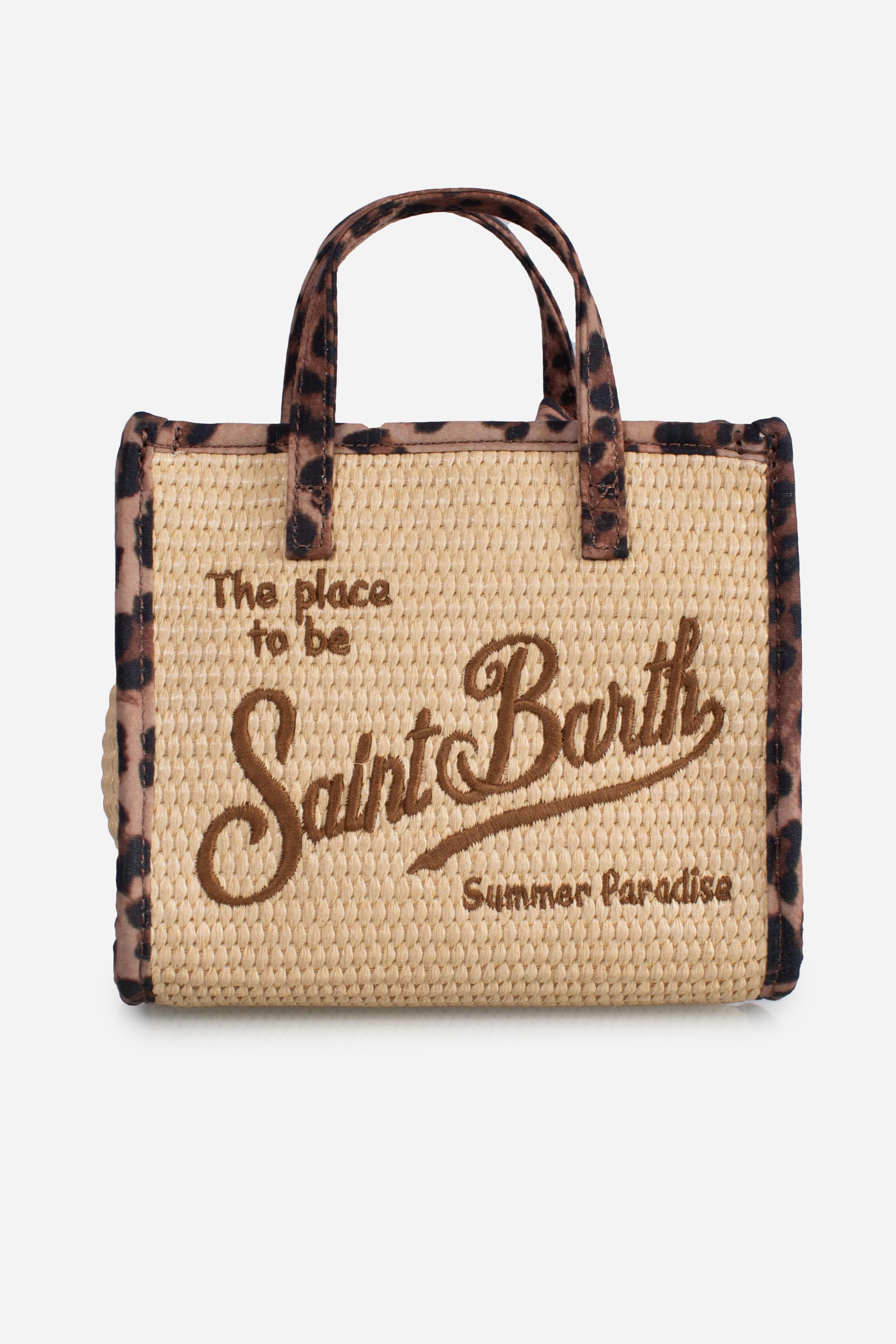 Borsa Vivian mini in tessuto effetto paglia con profili leopardati