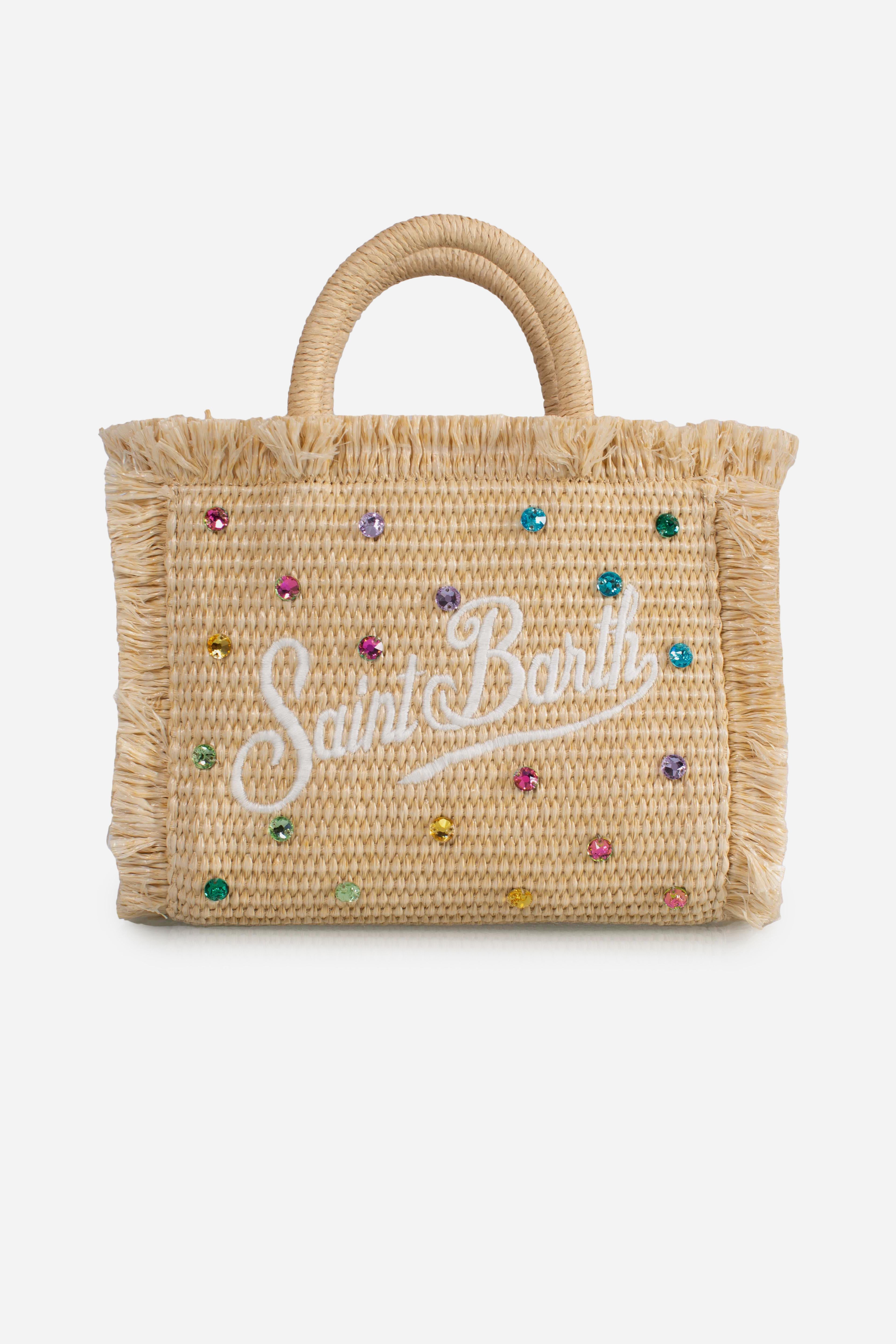 Borsa Mini Vanity effetto paglia con decorazioni in strass