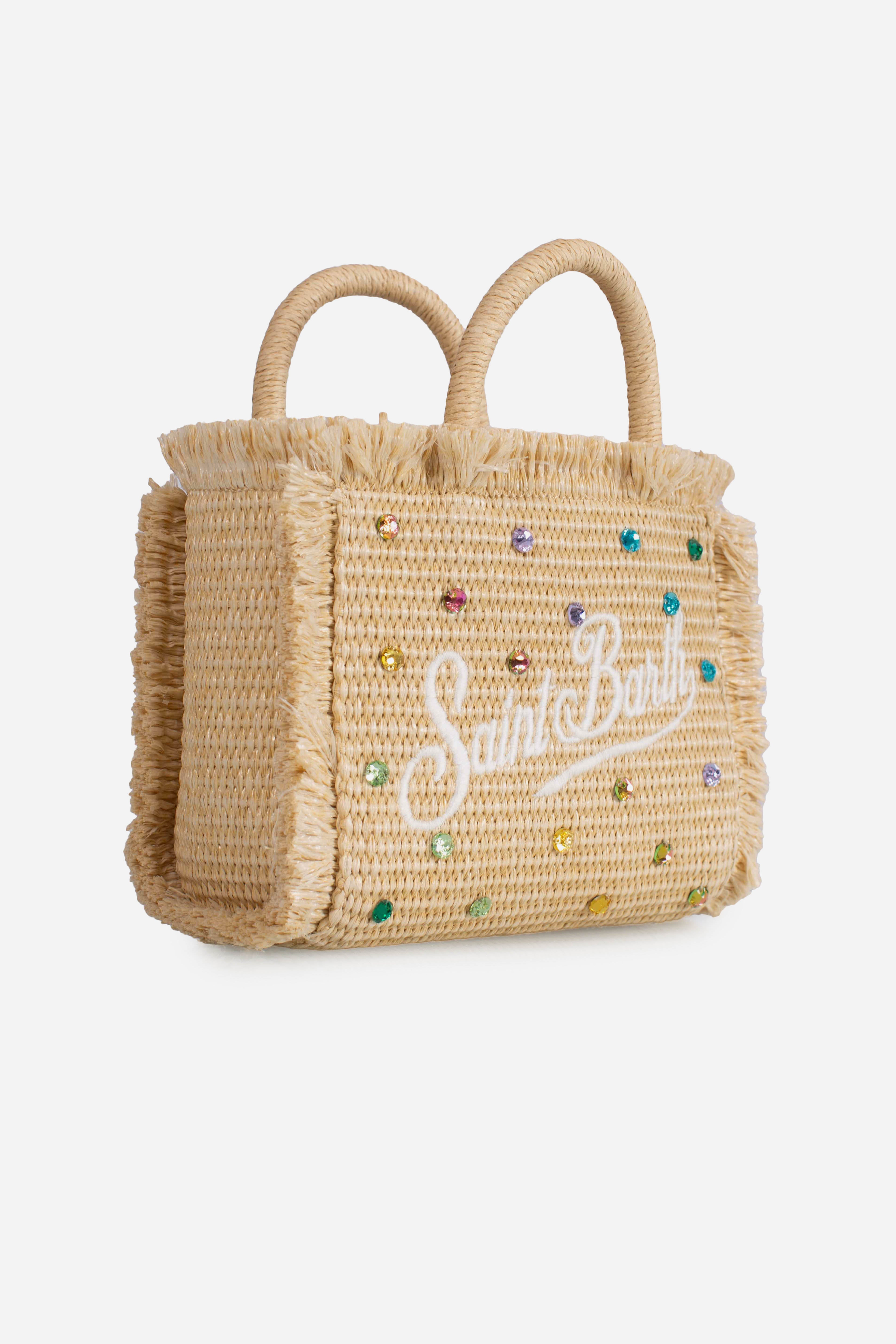 Borsa Mini Vanity effetto paglia con decorazioni in strass