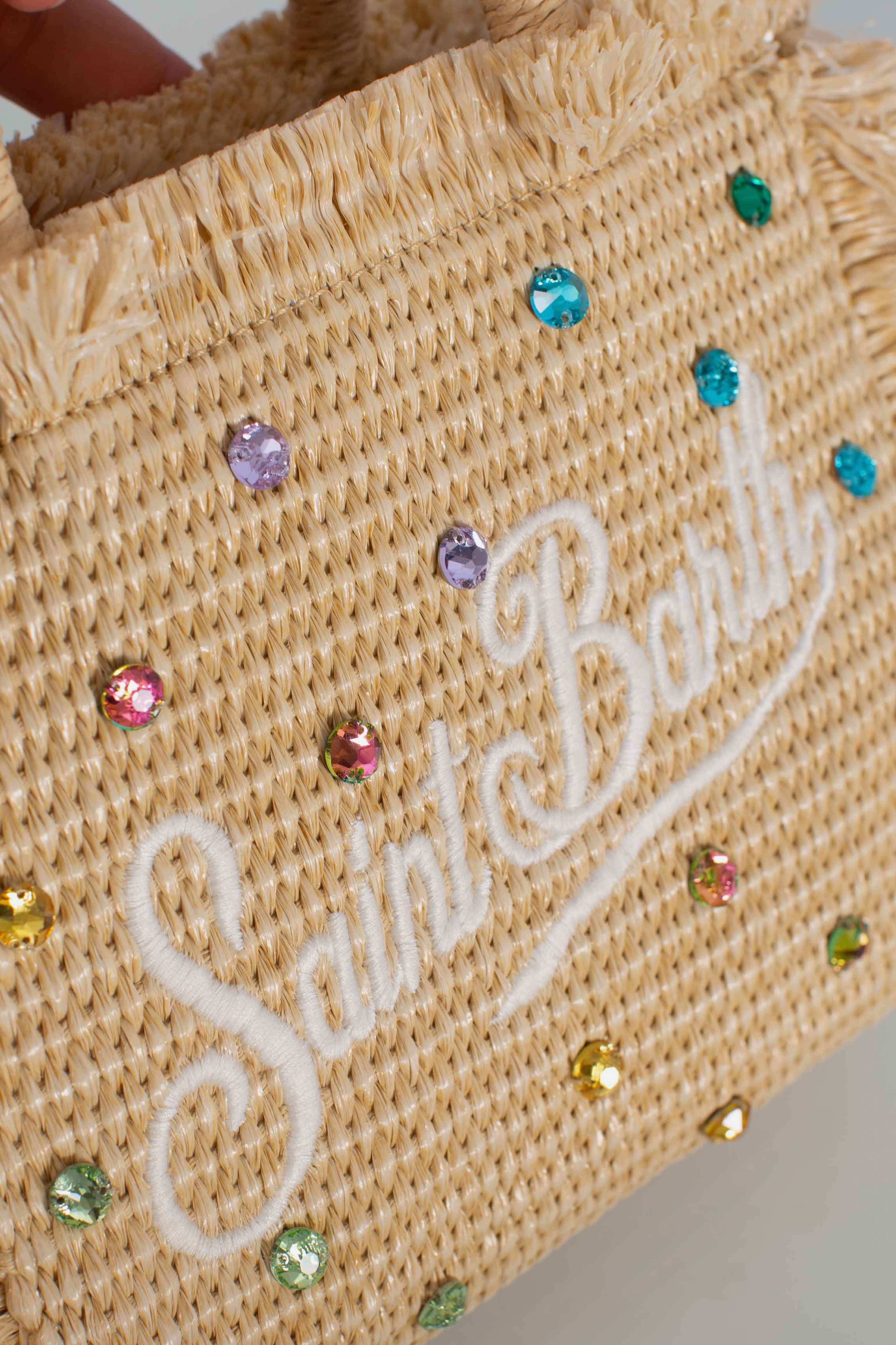 Borsa Mini Vanity effetto paglia con decorazioni in strass