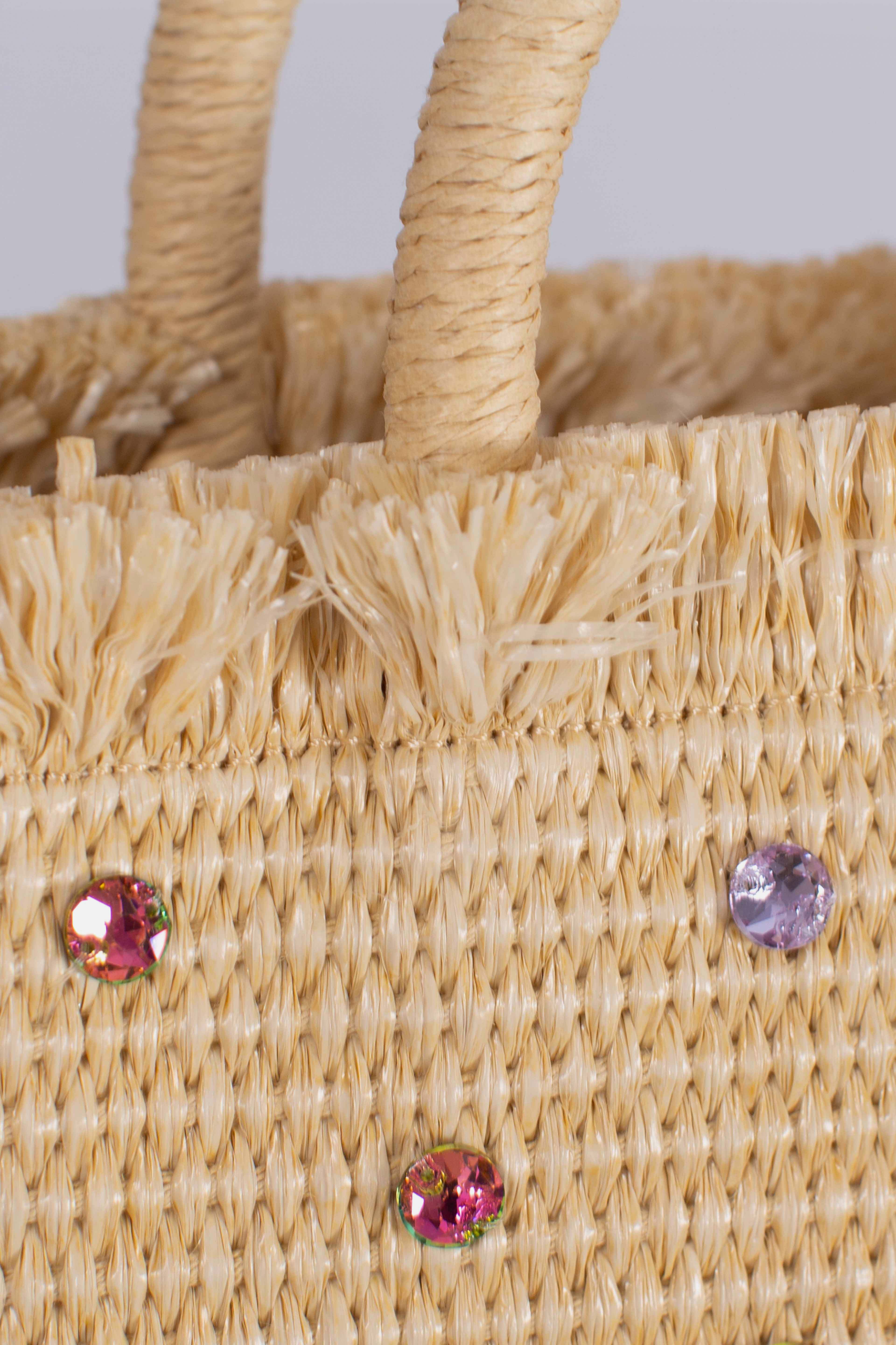 Borsa Mini Vanity effetto paglia con decorazioni in strass