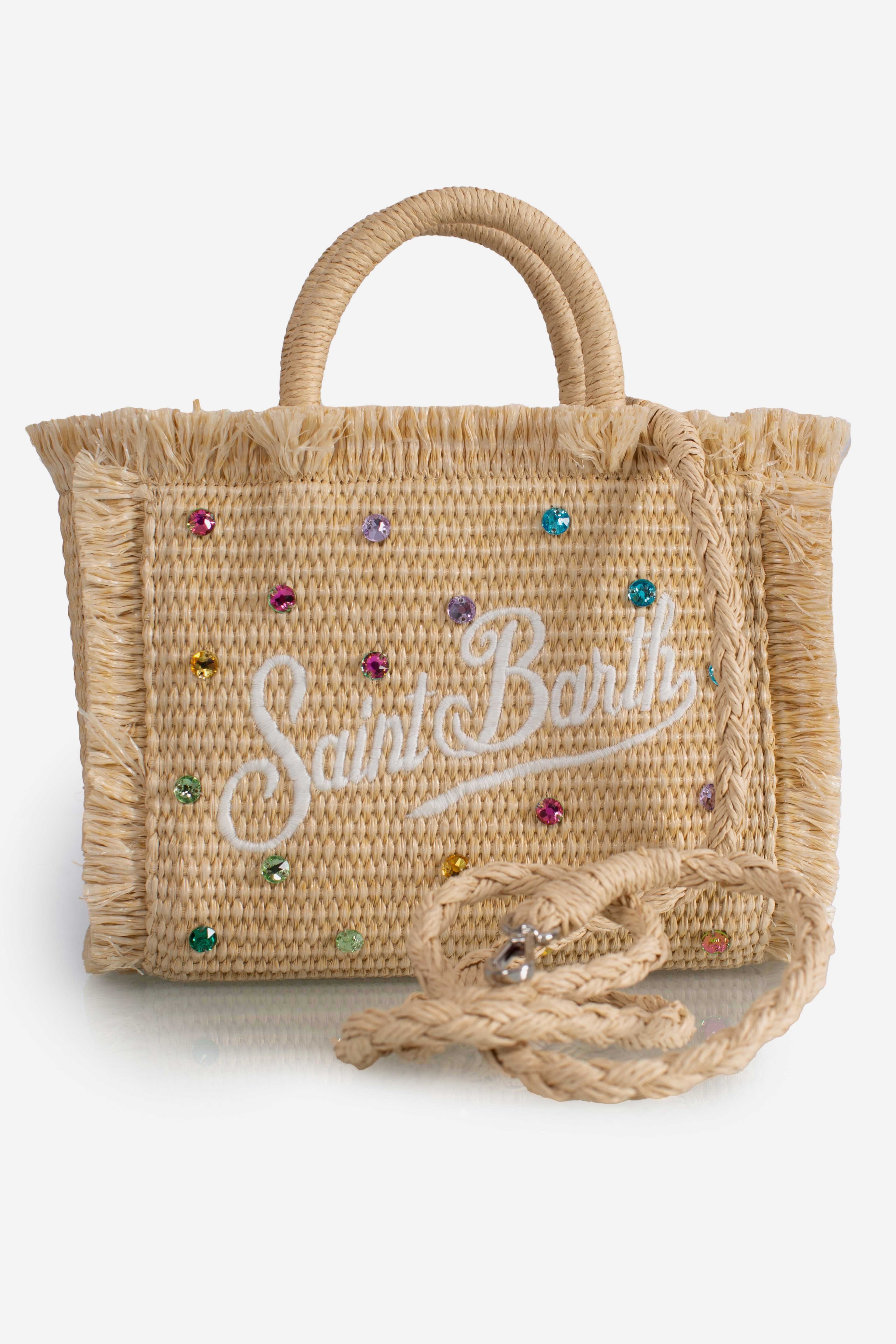 Borsa Mini Vanity effetto paglia con decorazioni in strass