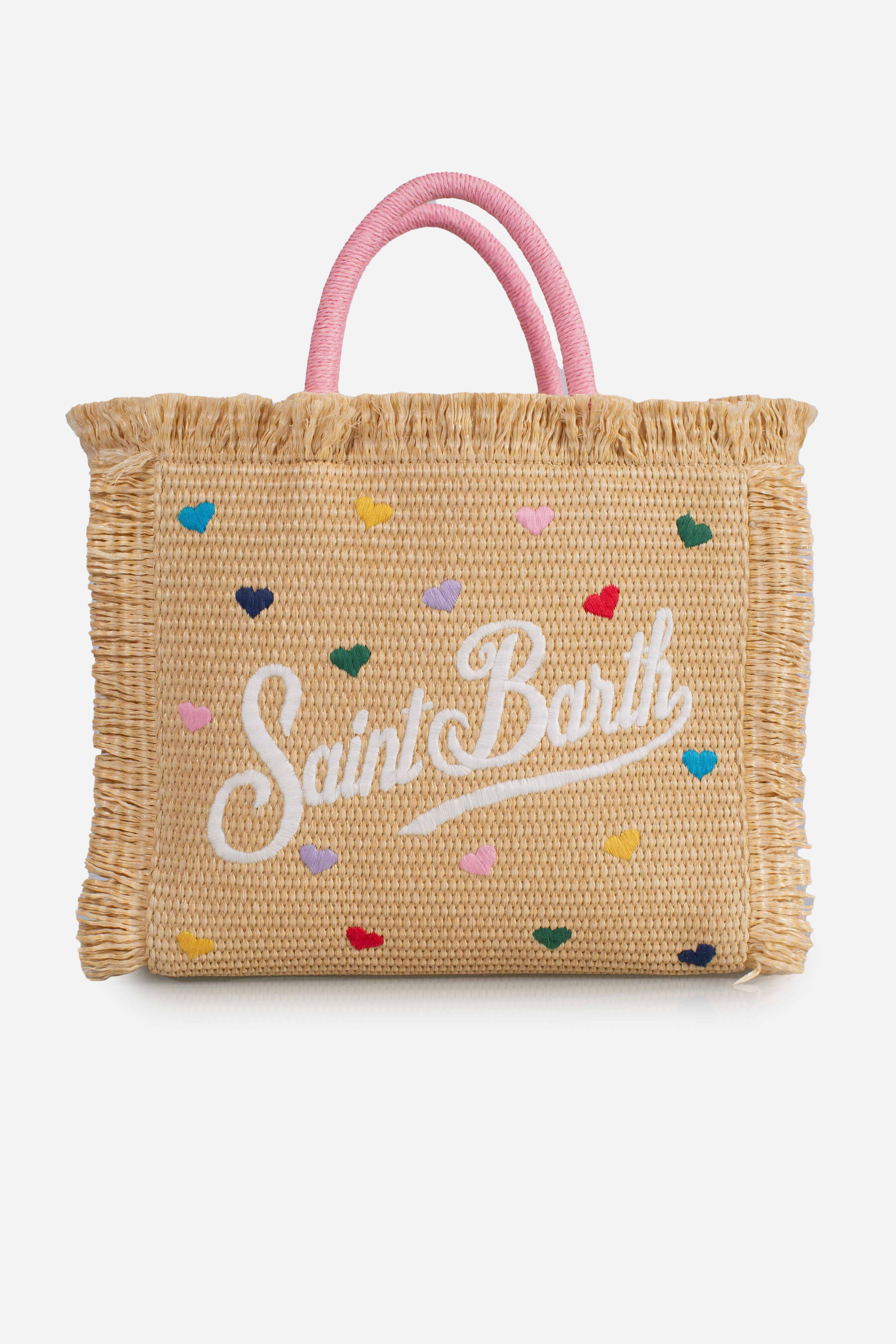 Borsa Colette in tessuto effetto paglia con ricami cuori