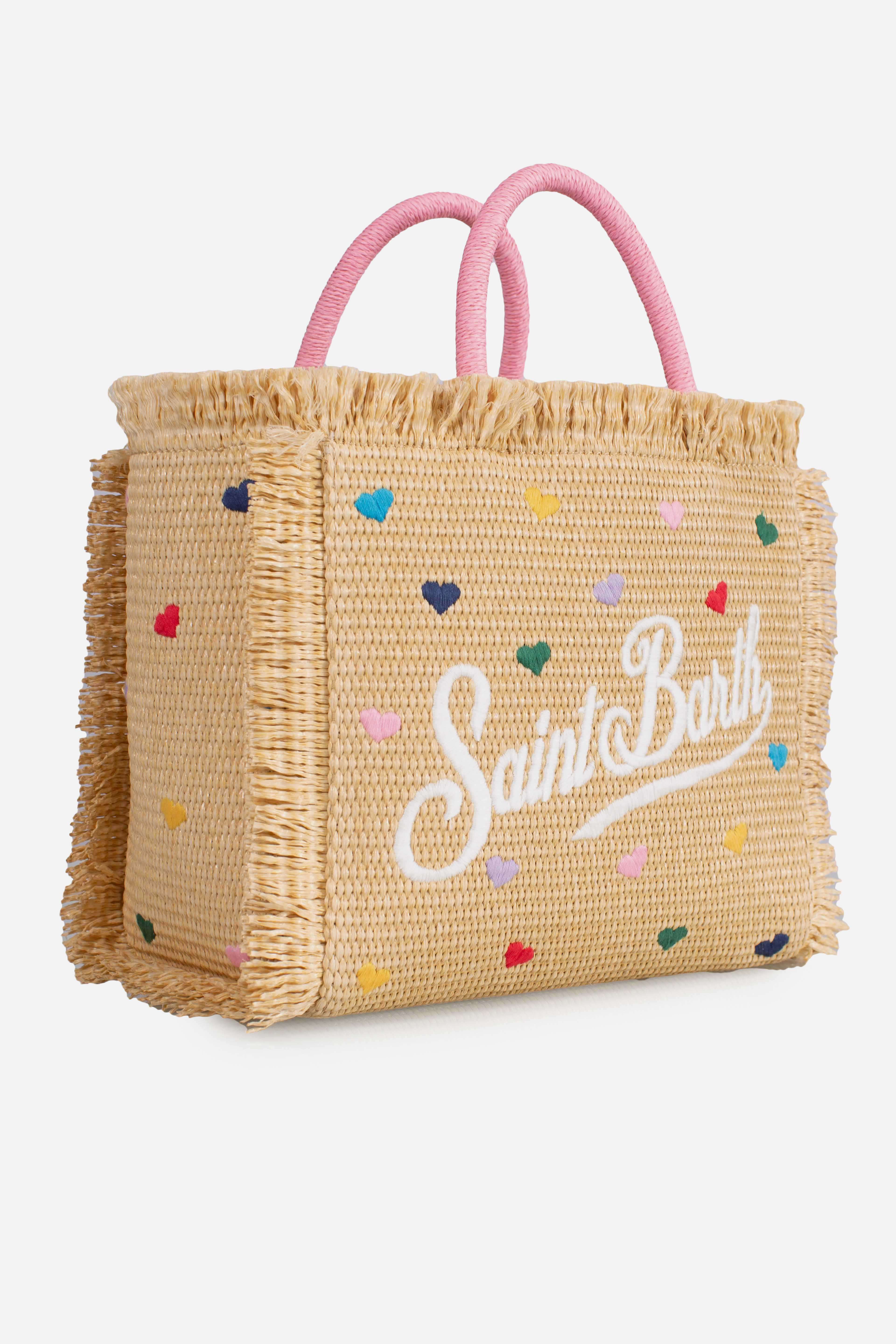Borsa Colette in tessuto effetto paglia con ricami cuori