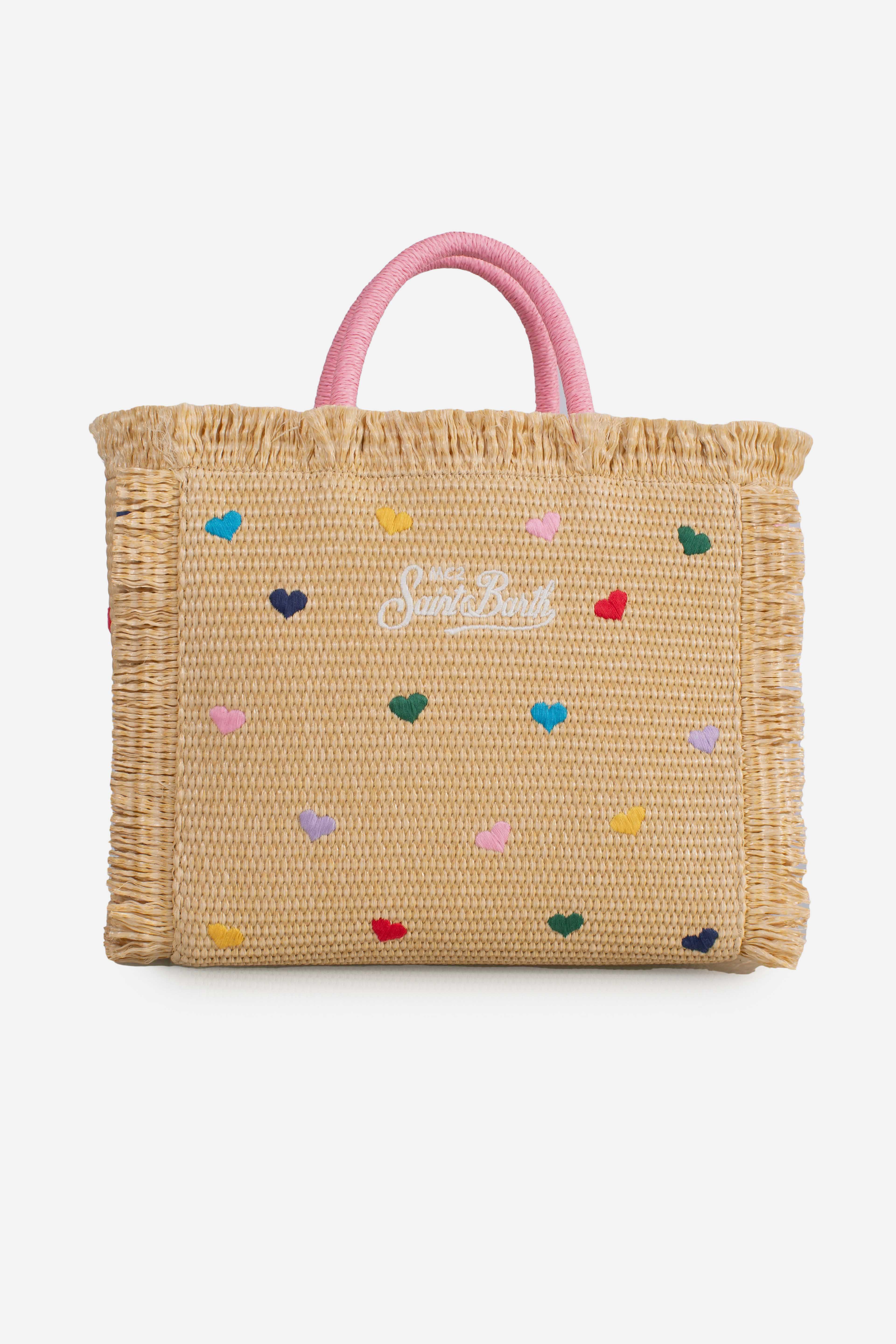 Borsa Colette in tessuto effetto paglia con ricami cuori