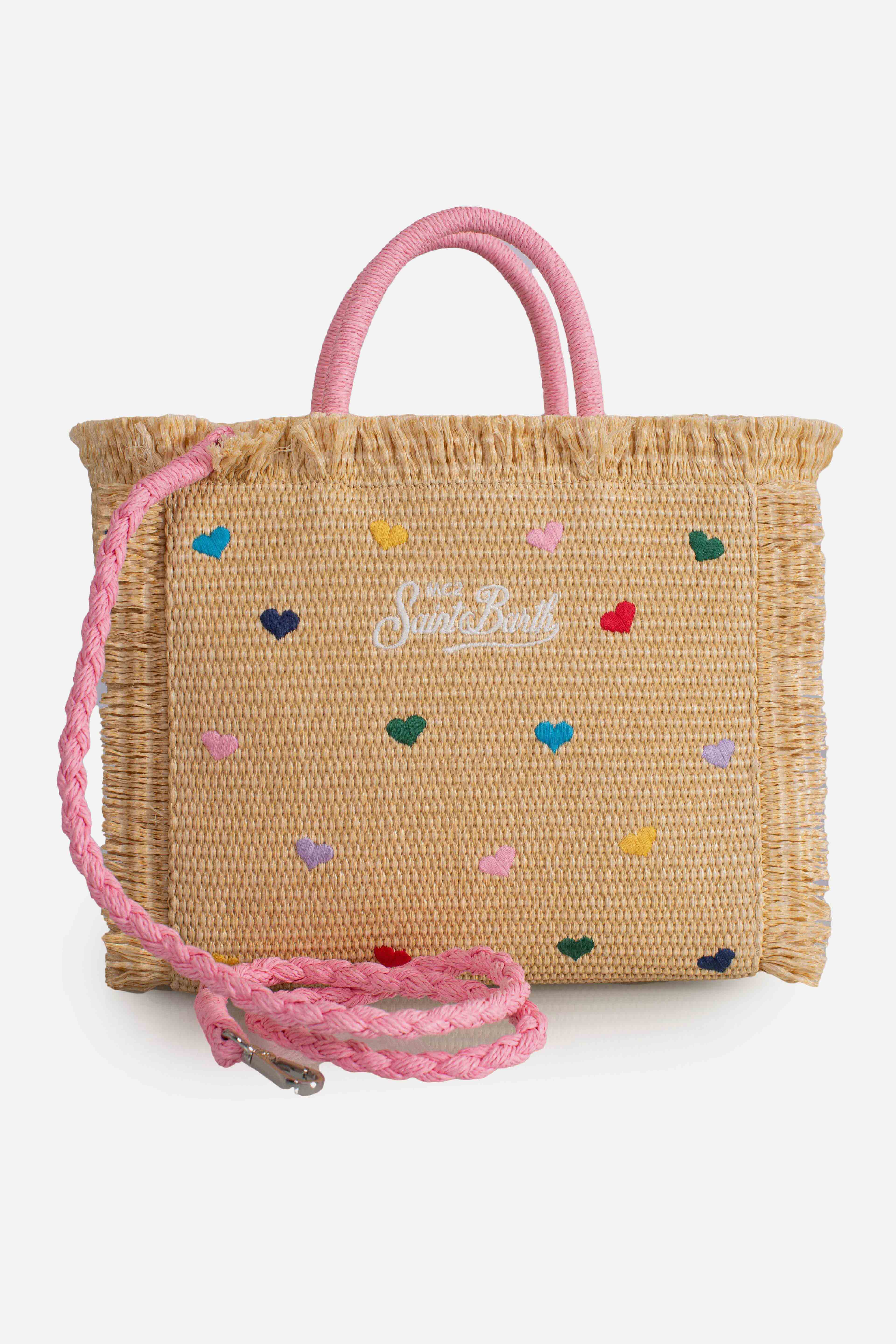 Borsa Colette in tessuto effetto paglia con ricami cuori