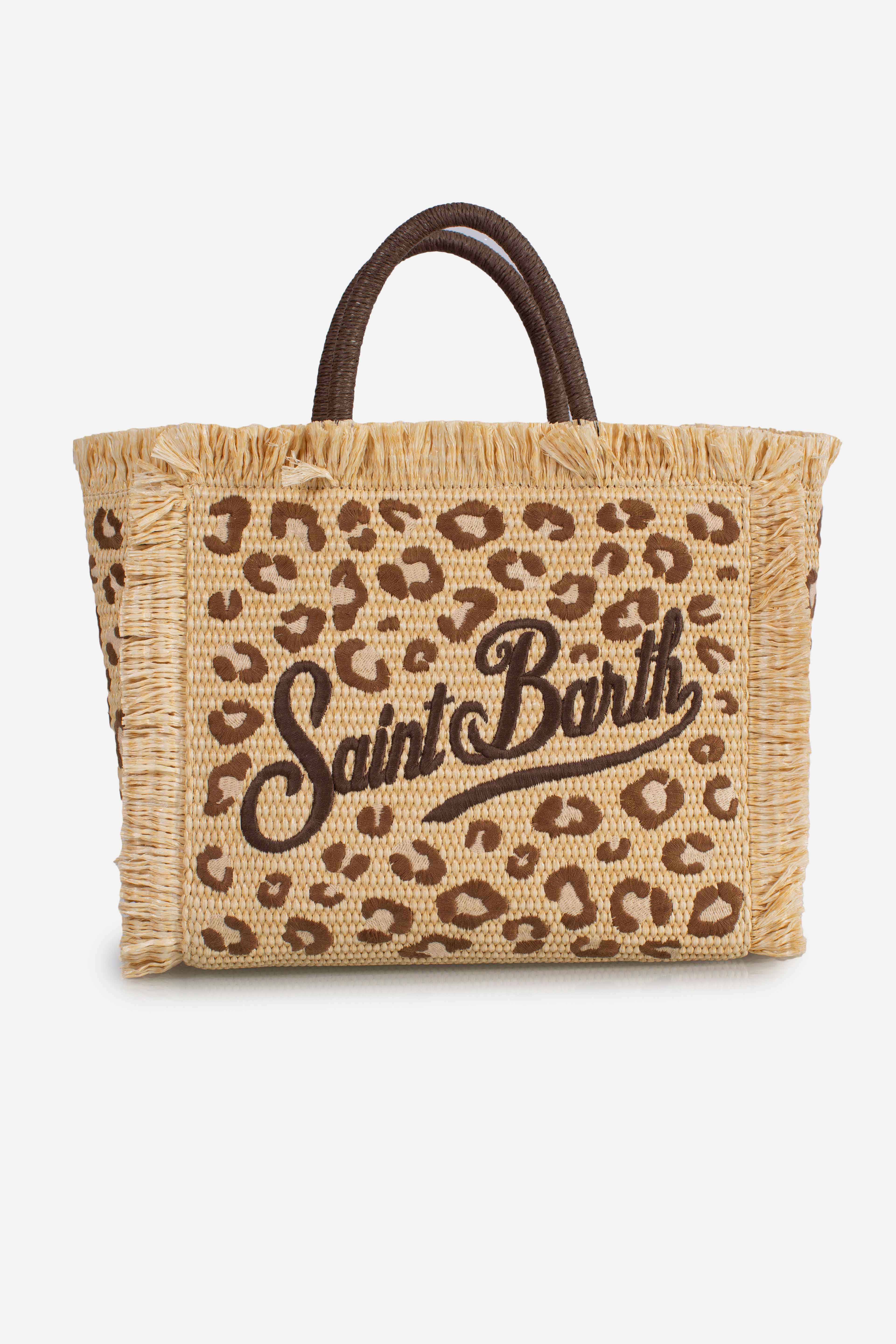 Borsa Colette in tessuto effetto paglia con ricamo leopardato
