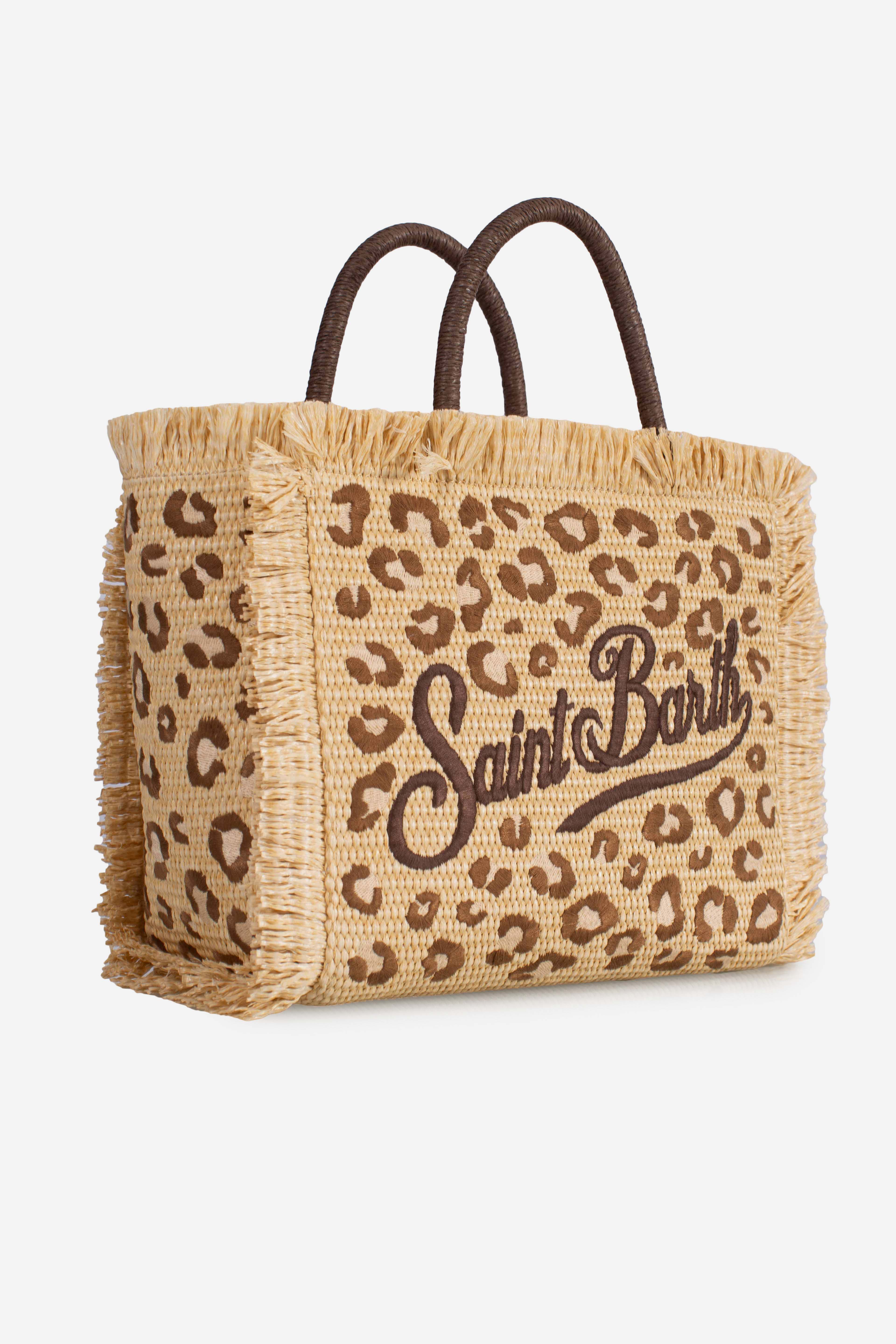 Borsa Colette in tessuto effetto paglia con ricamo leopardato