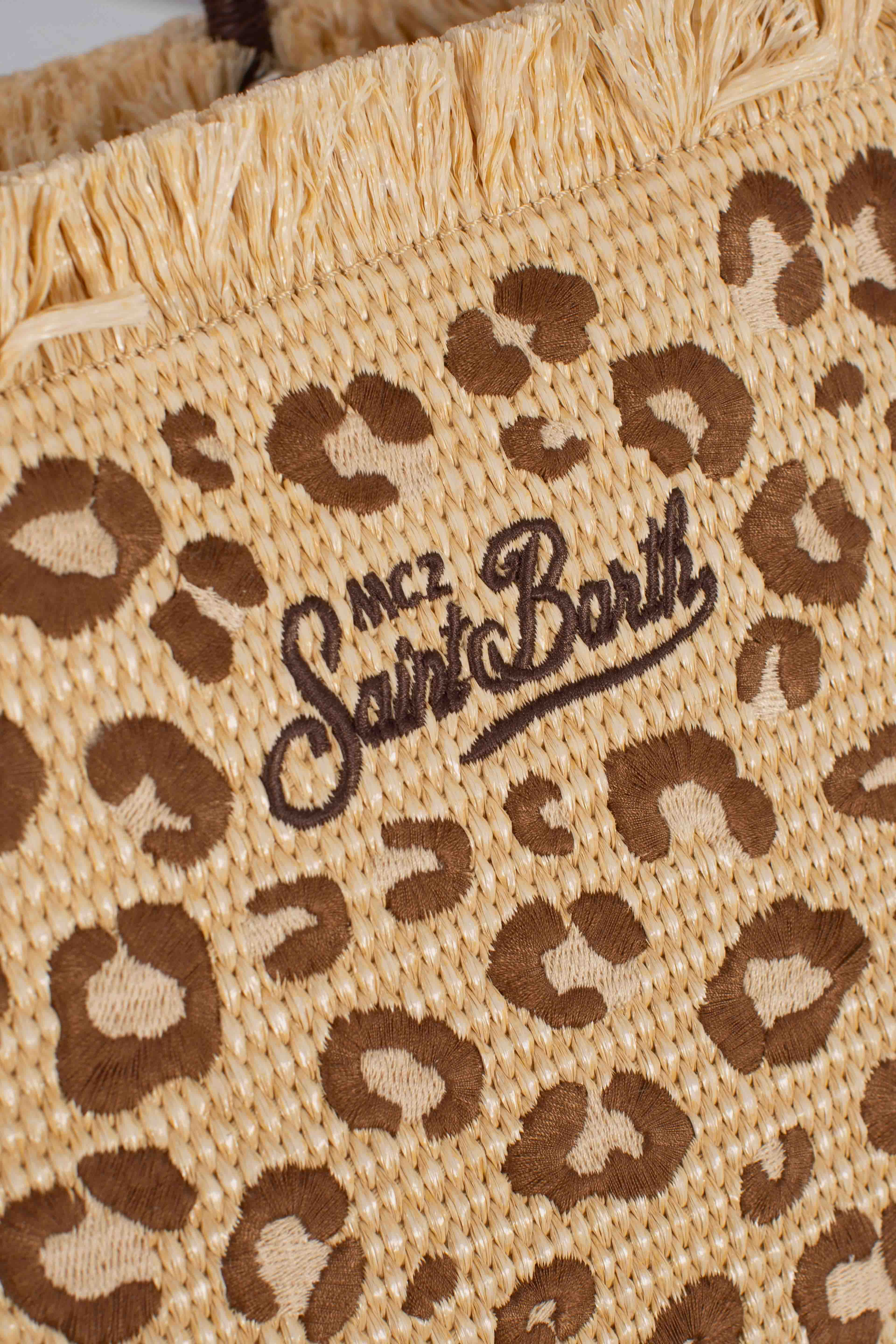 Borsa Colette in tessuto effetto paglia con ricamo leopardato