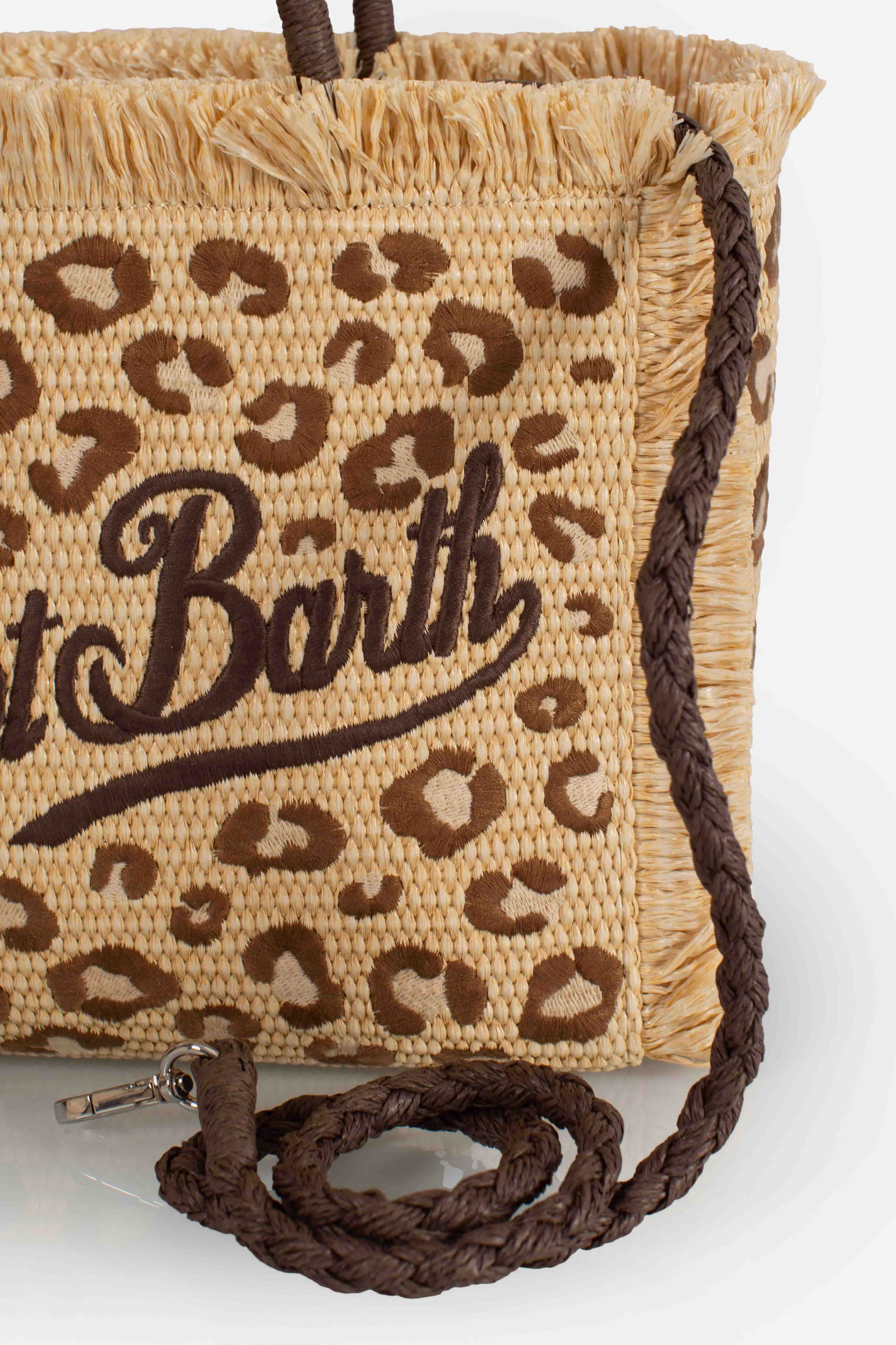 Borsa Colette in tessuto effetto paglia con ricamo leopardato