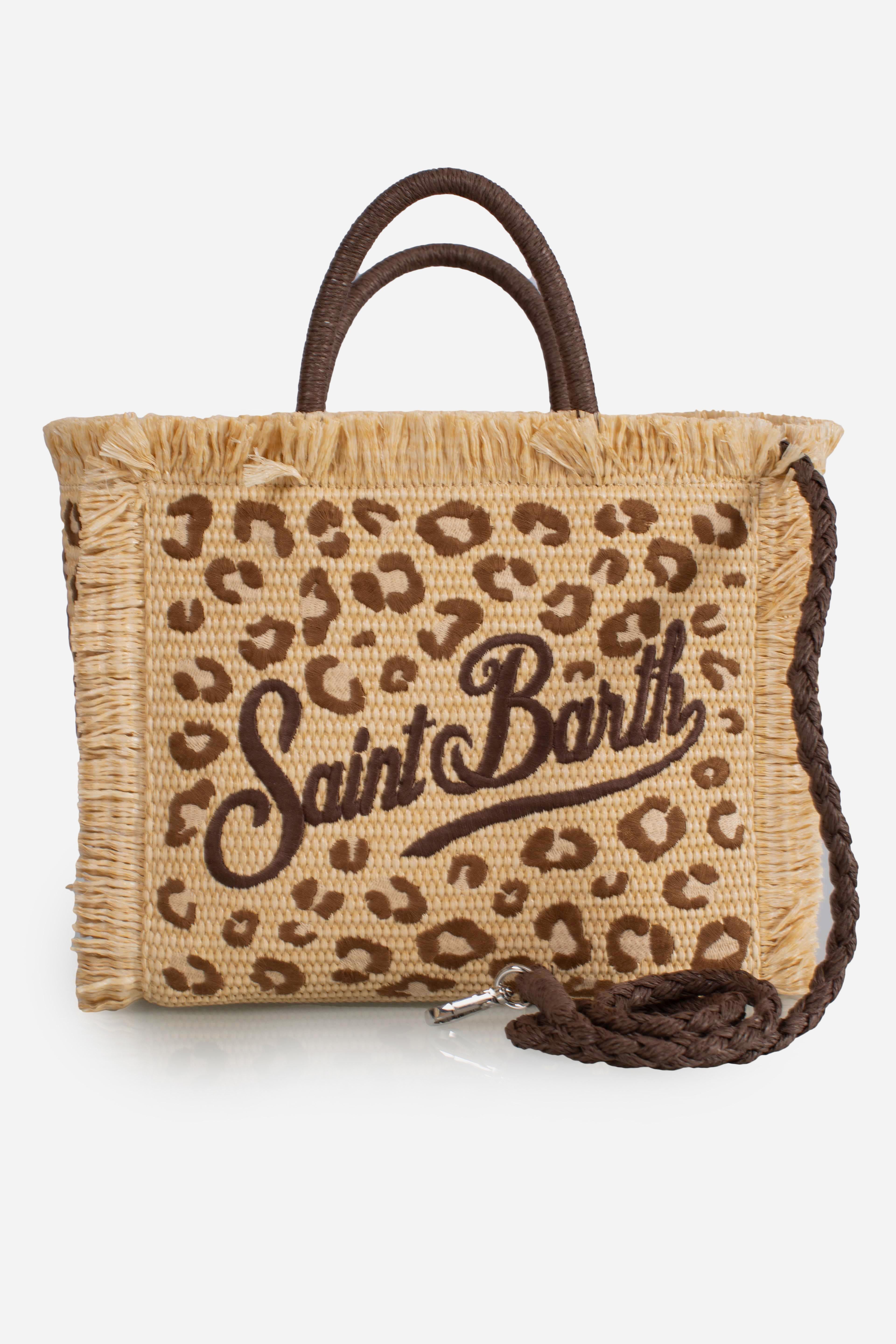 Borsa Colette in tessuto effetto paglia con ricamo leopardato