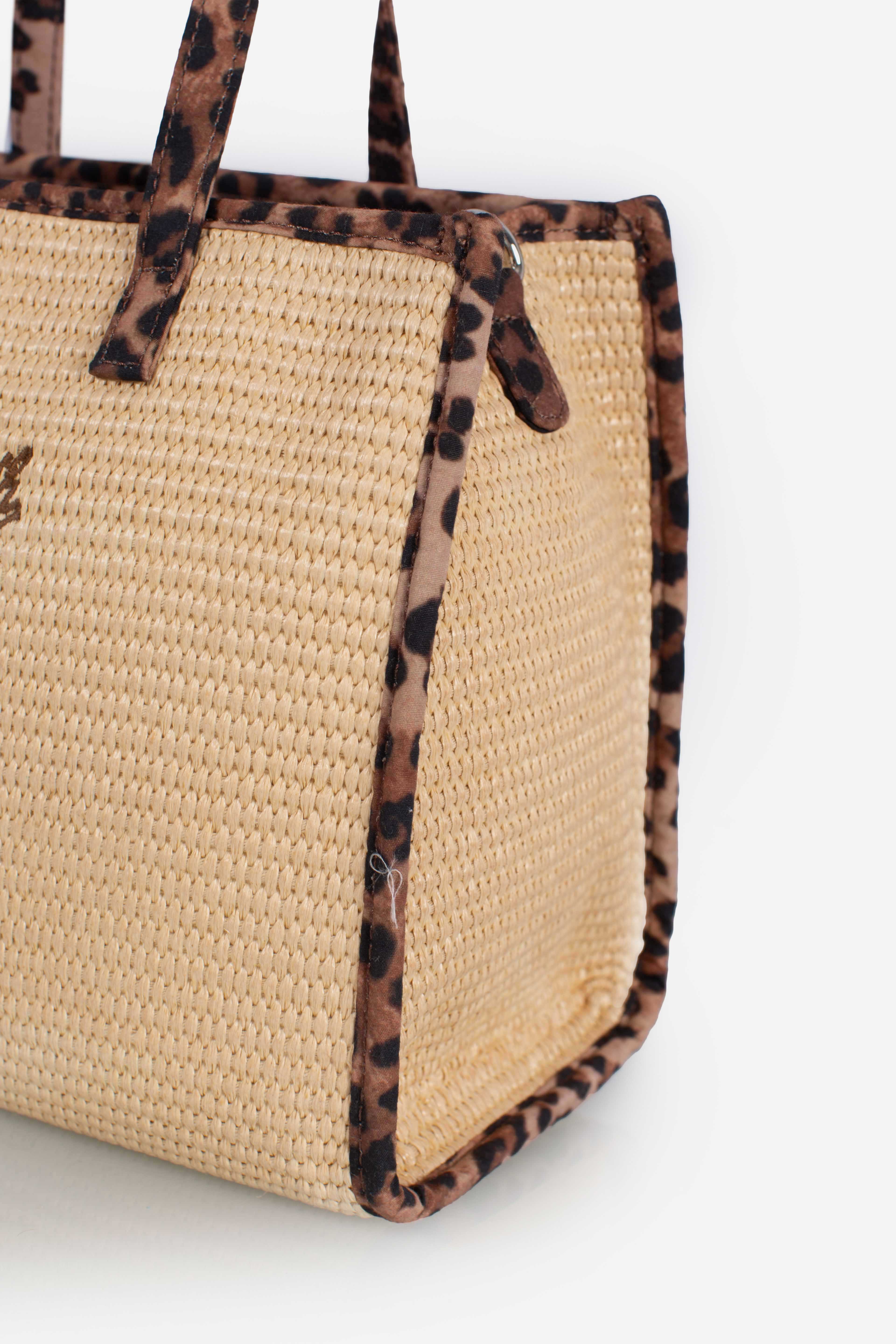 Borsa Vivian Mid Straw beige effetto paglia con patch leopardato