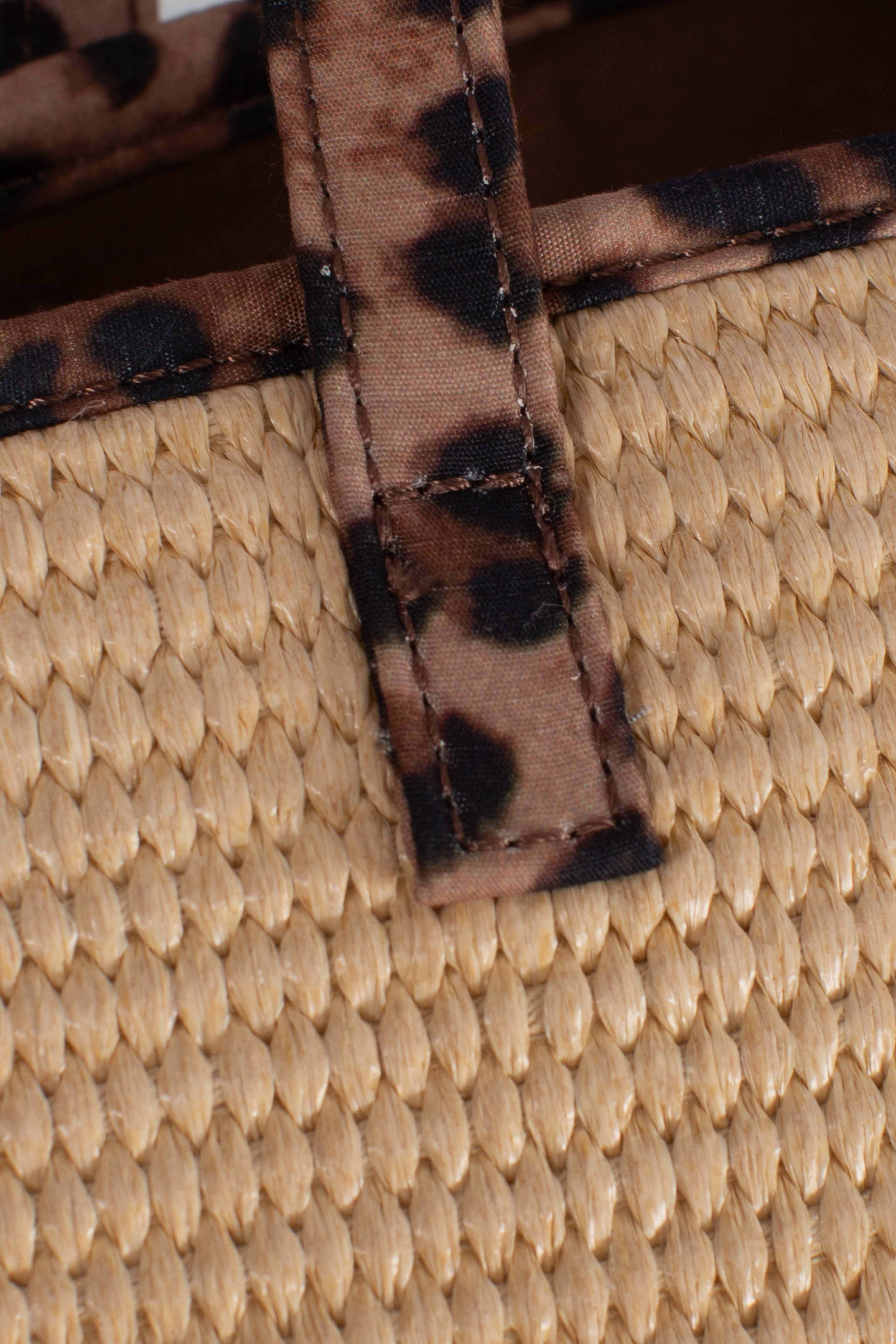 Borsa Vivian Mid Straw beige effetto paglia con patch leopardato