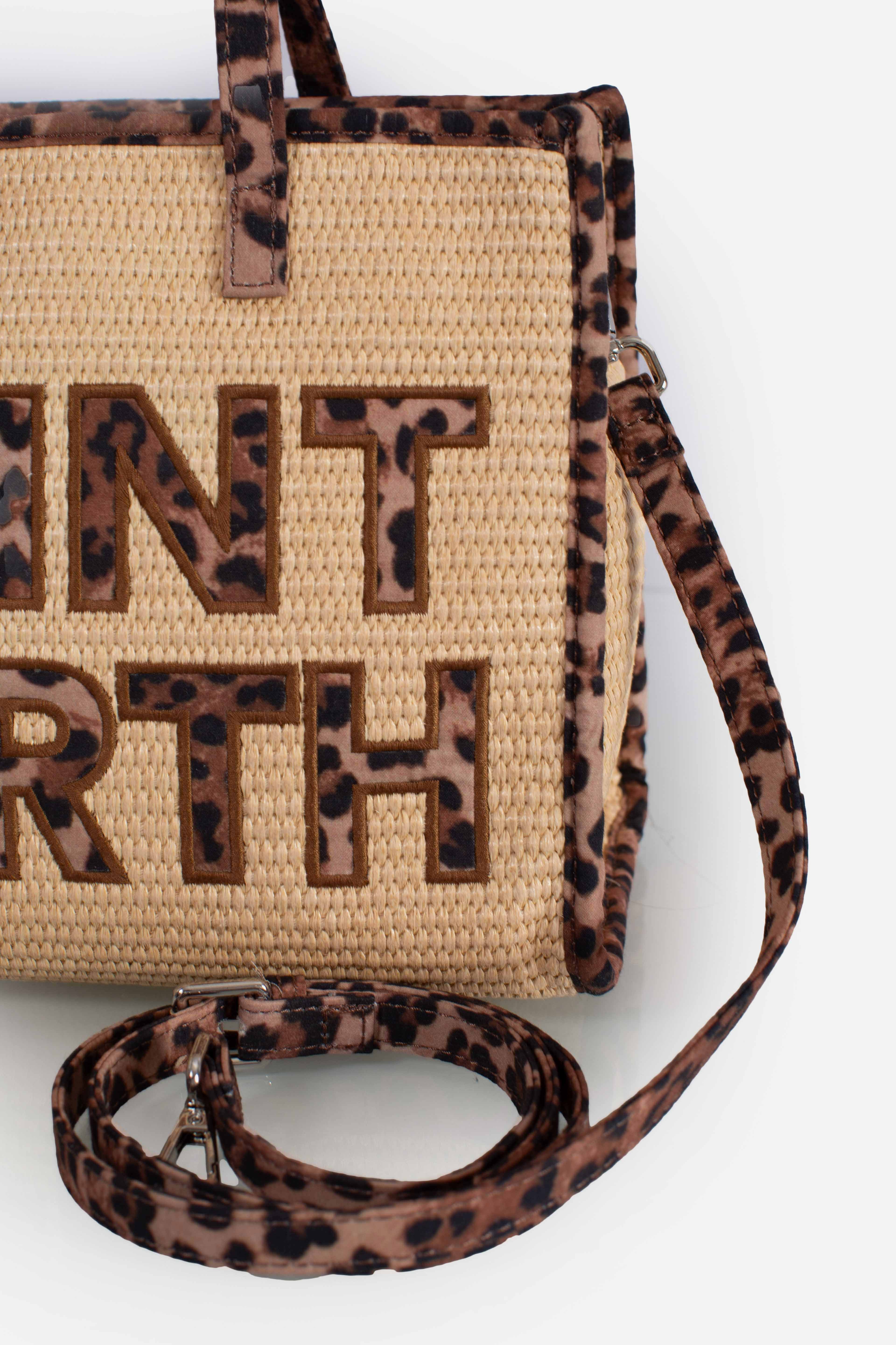 Borsa Vivian Mid Straw beige effetto paglia con patch leopardato
