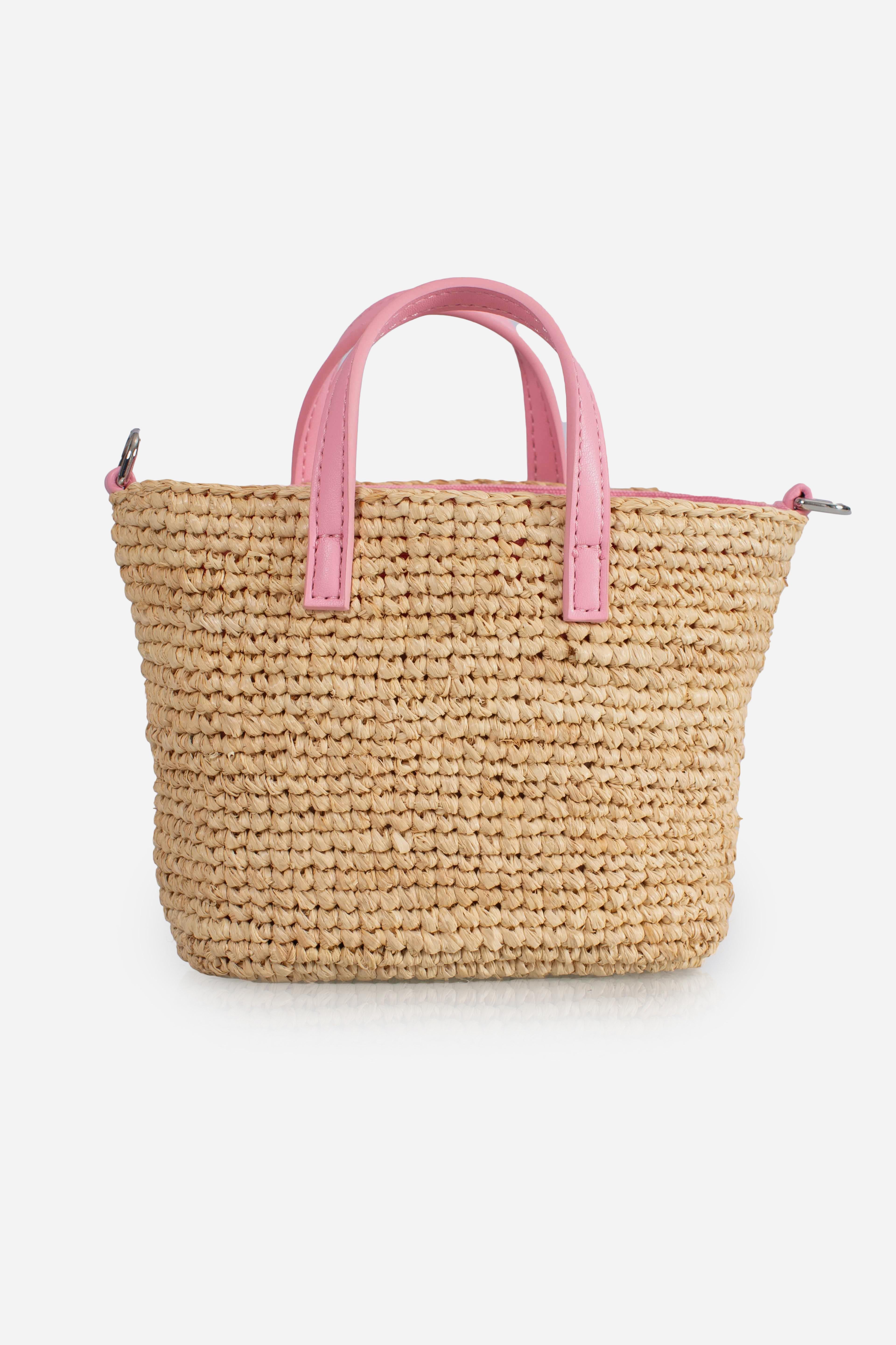 Borsa City mini micro in raffia con logo ricamato