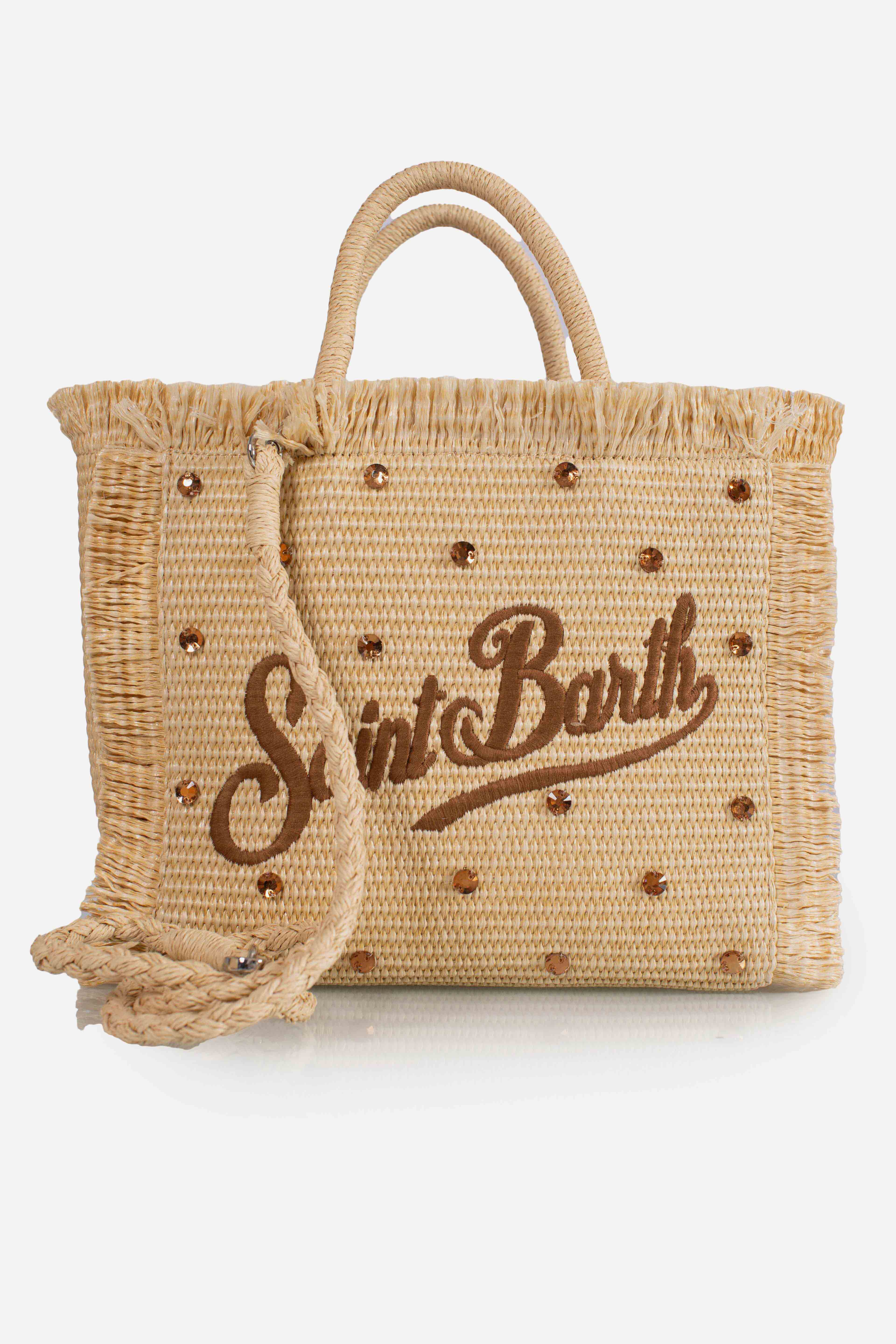 Borsa Colette effetto paglia con logo ricamato e decorazioni strass