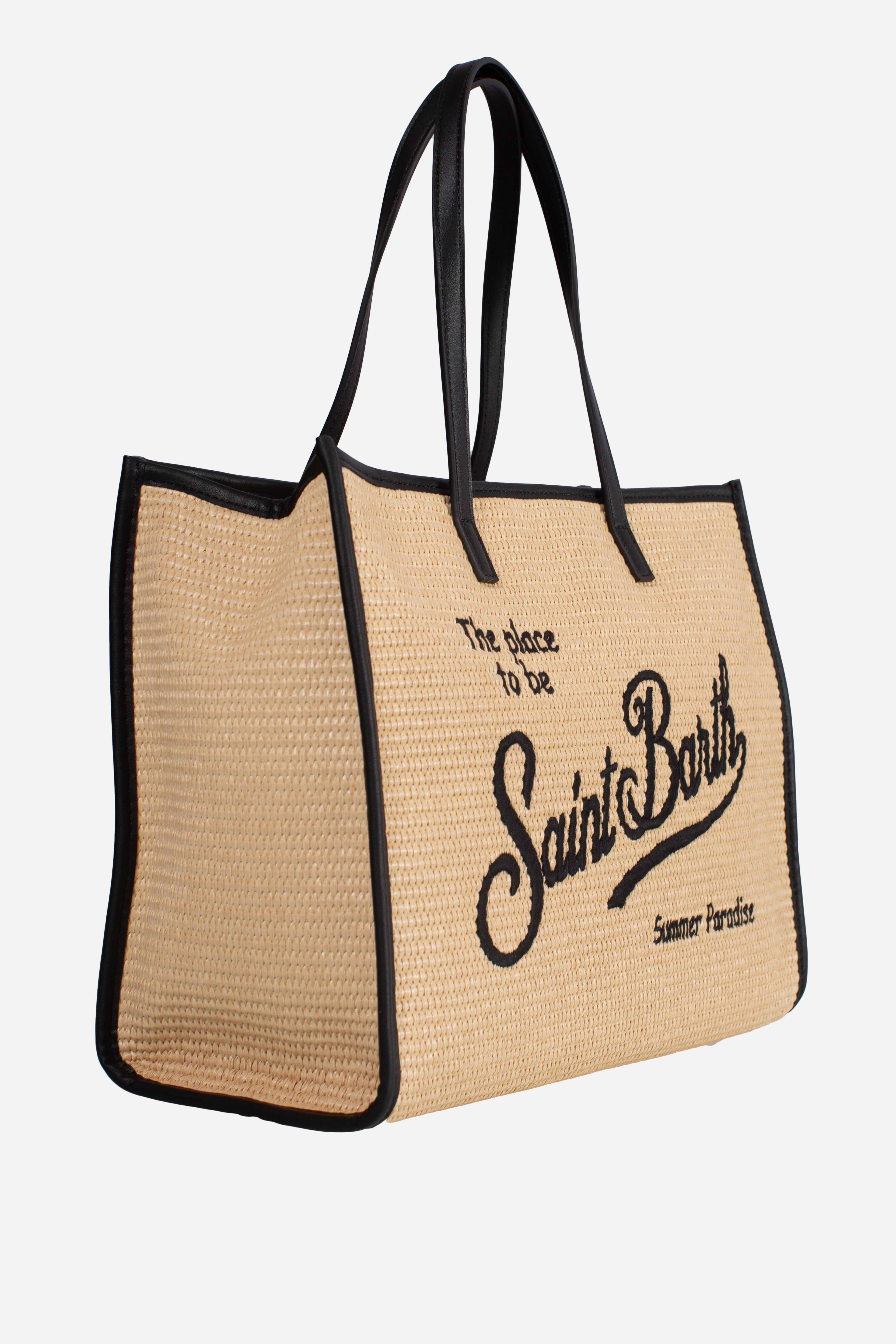 Borsa Vivian medium effetto paglia con logo nero ricamato