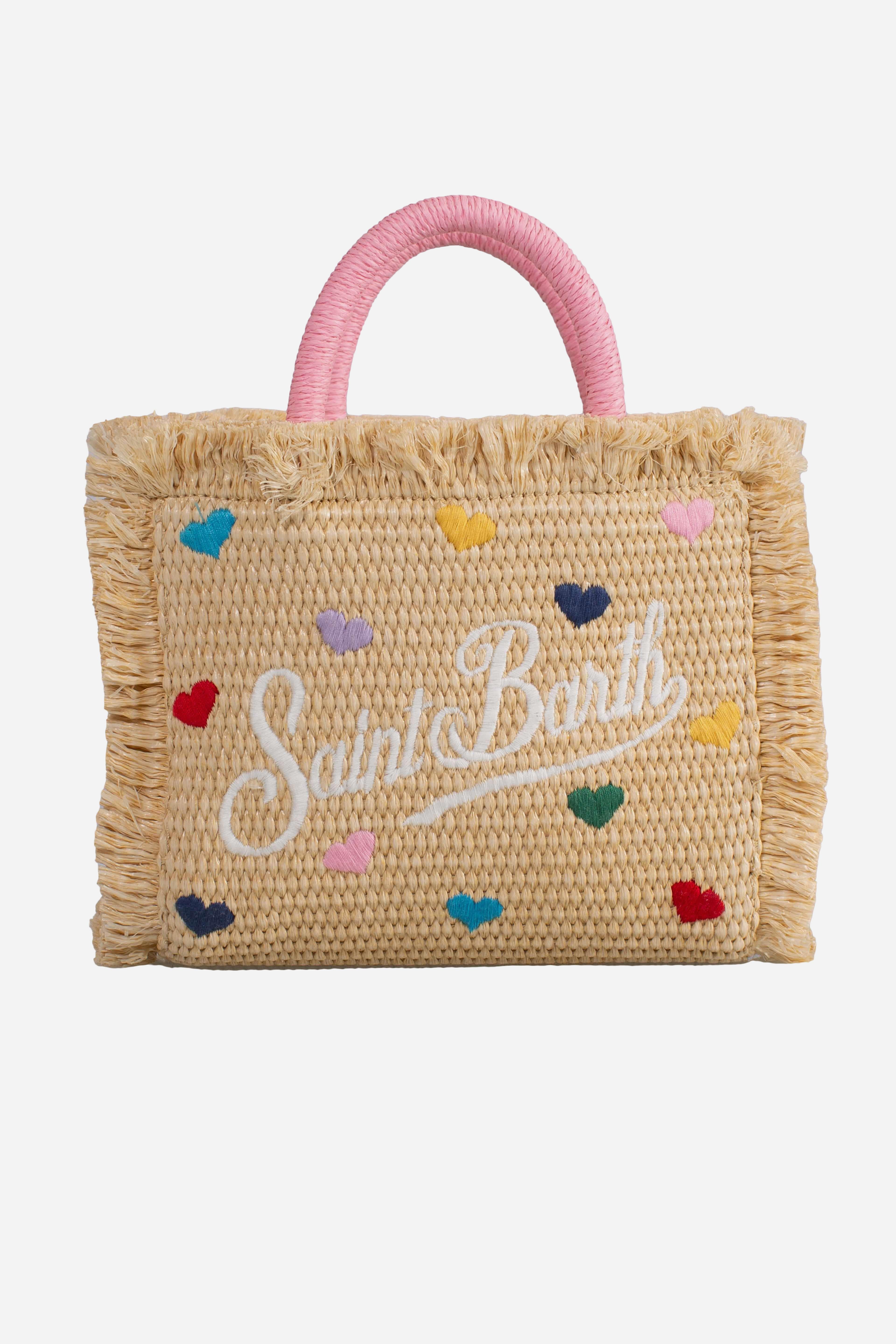 Borsa Mini Vanity effetto paglia con patch cuori applicato