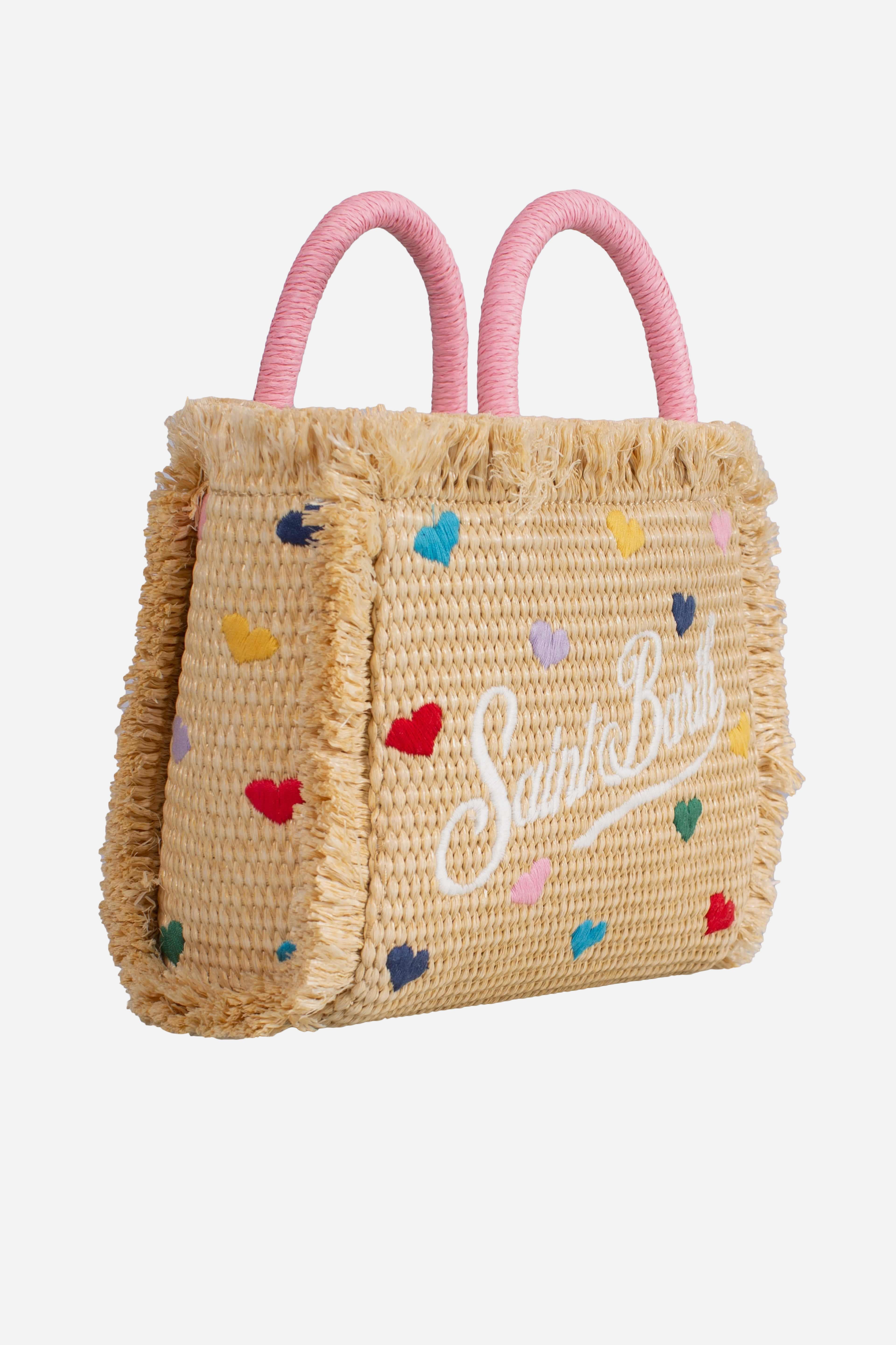 Borsa Mini Vanity effetto paglia con patch cuori applicato