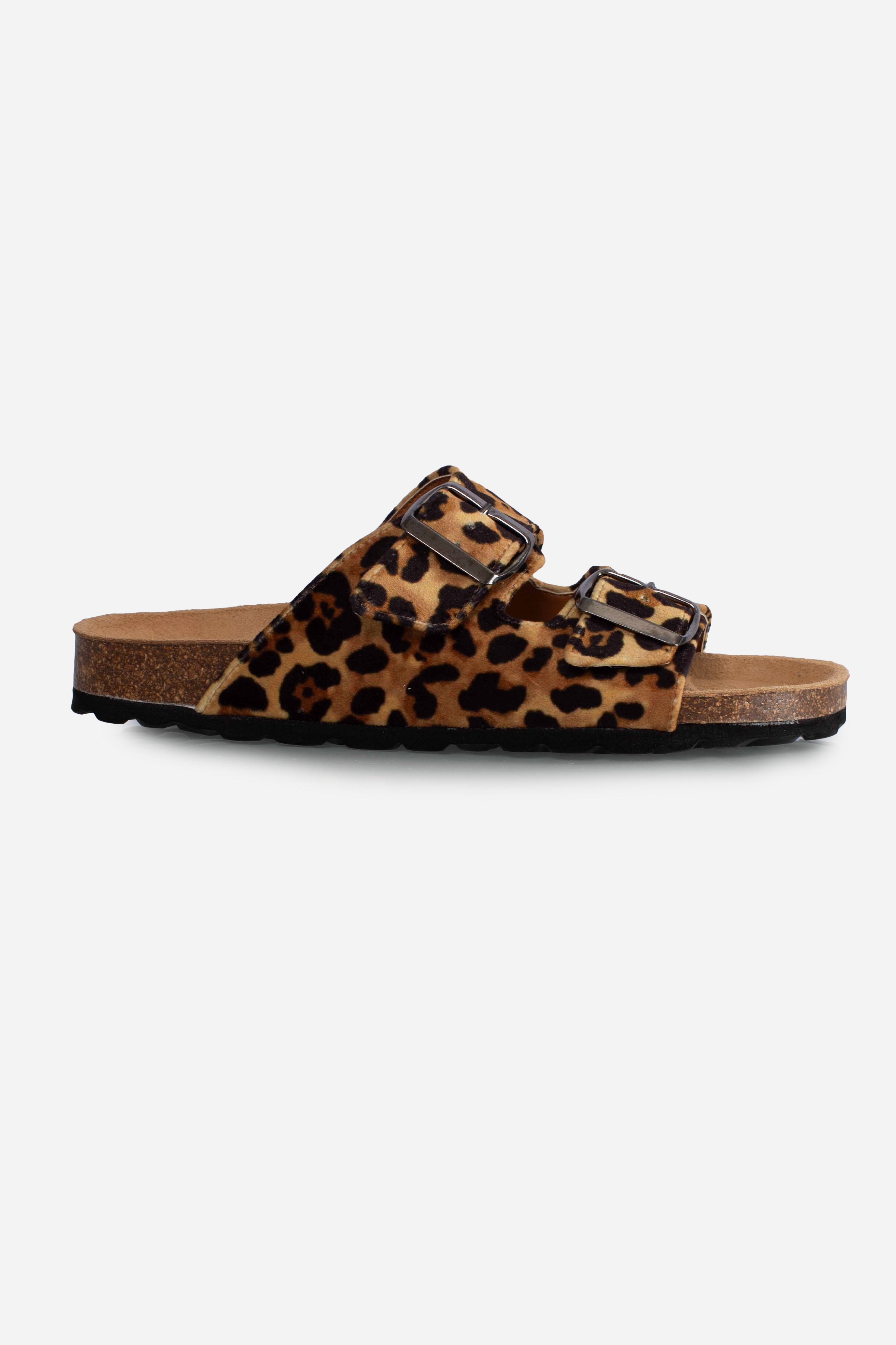 SANDALi CORK WITH STRAPS VELVET LEOPARD con doppia fibbia
