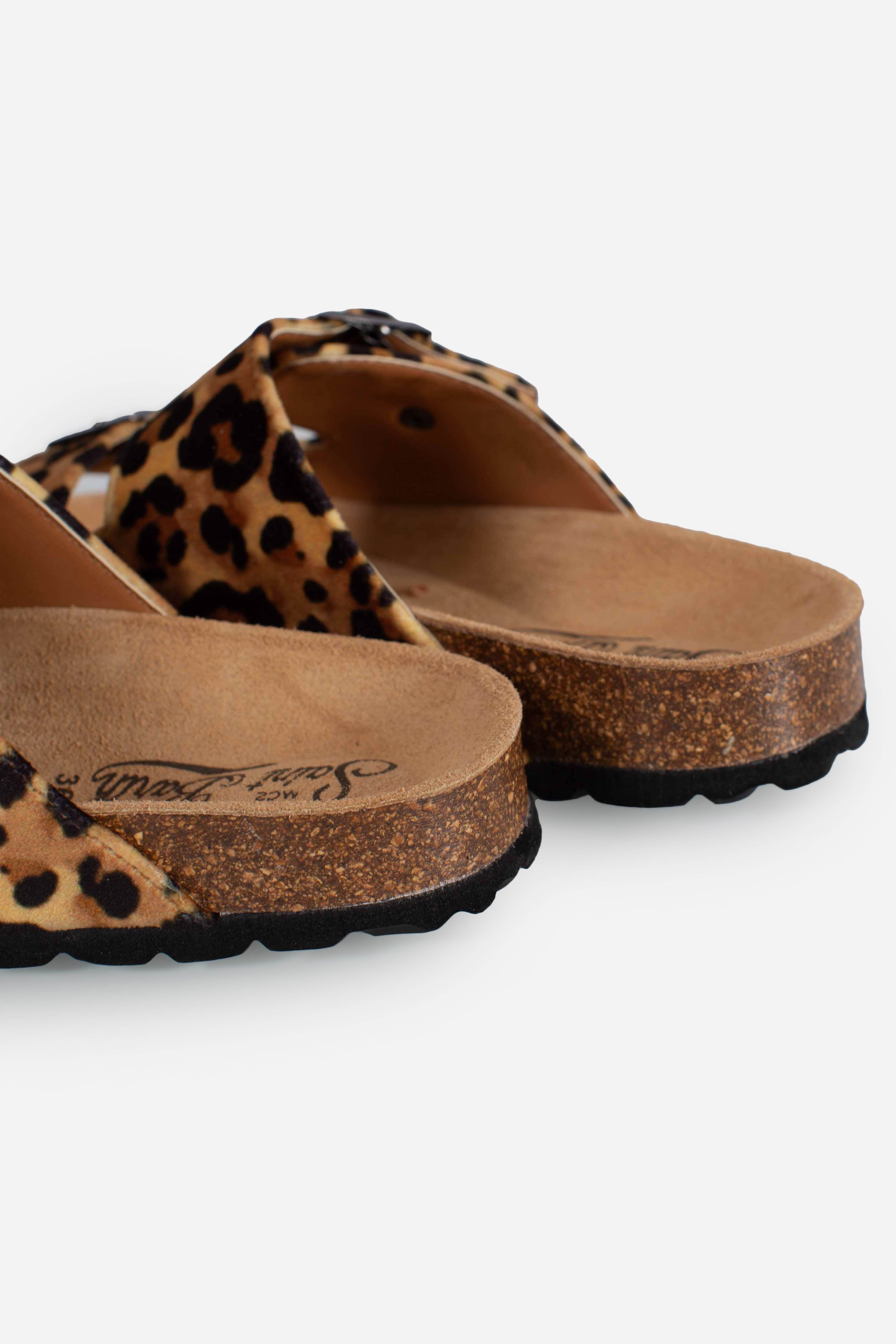 SANDALi CORK WITH STRAPS VELVET LEOPARD con doppia fibbia